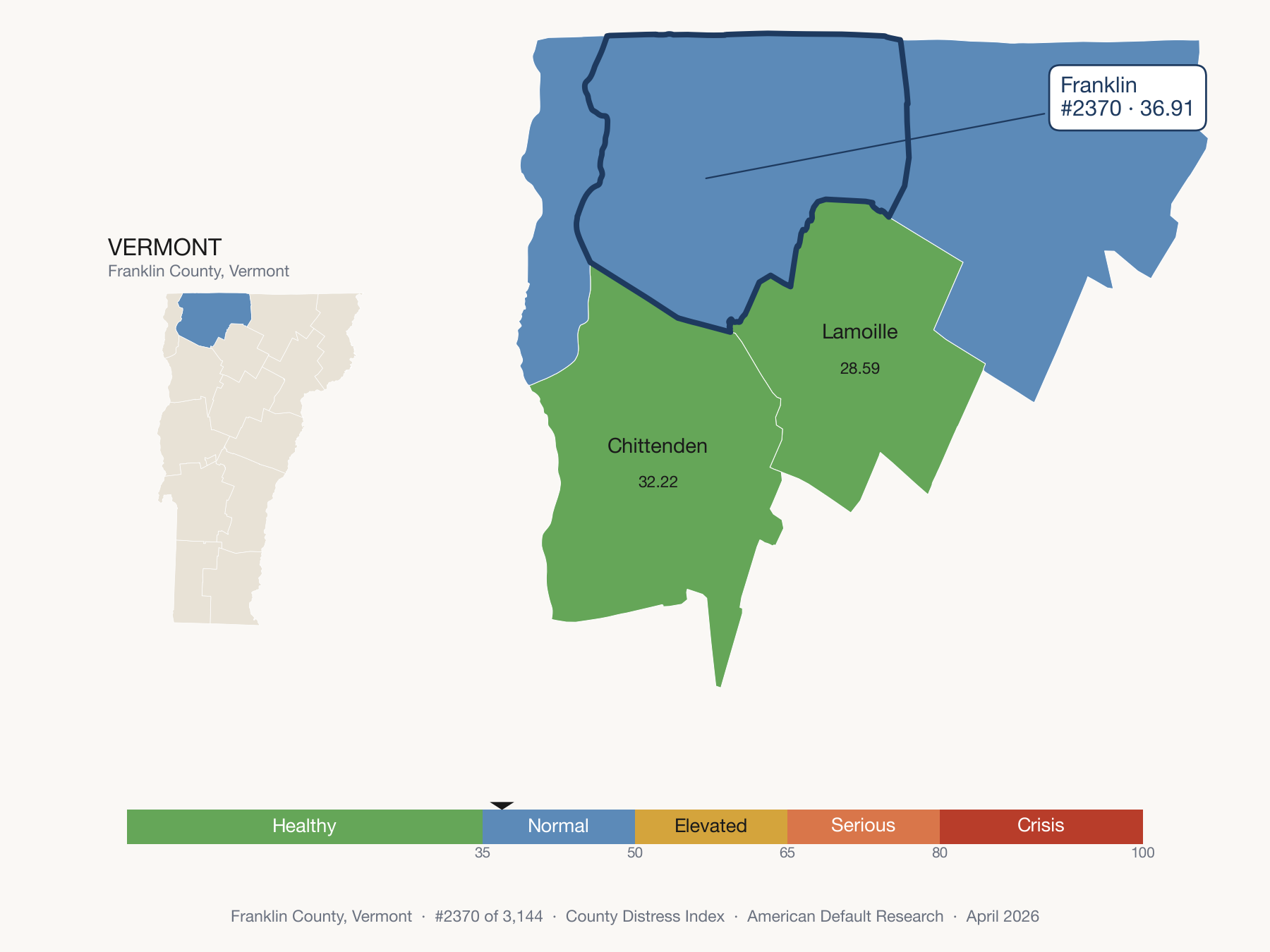 County Distress Index cluster map. Franklin County, Vermont and its neighbors colored by distress fifth.