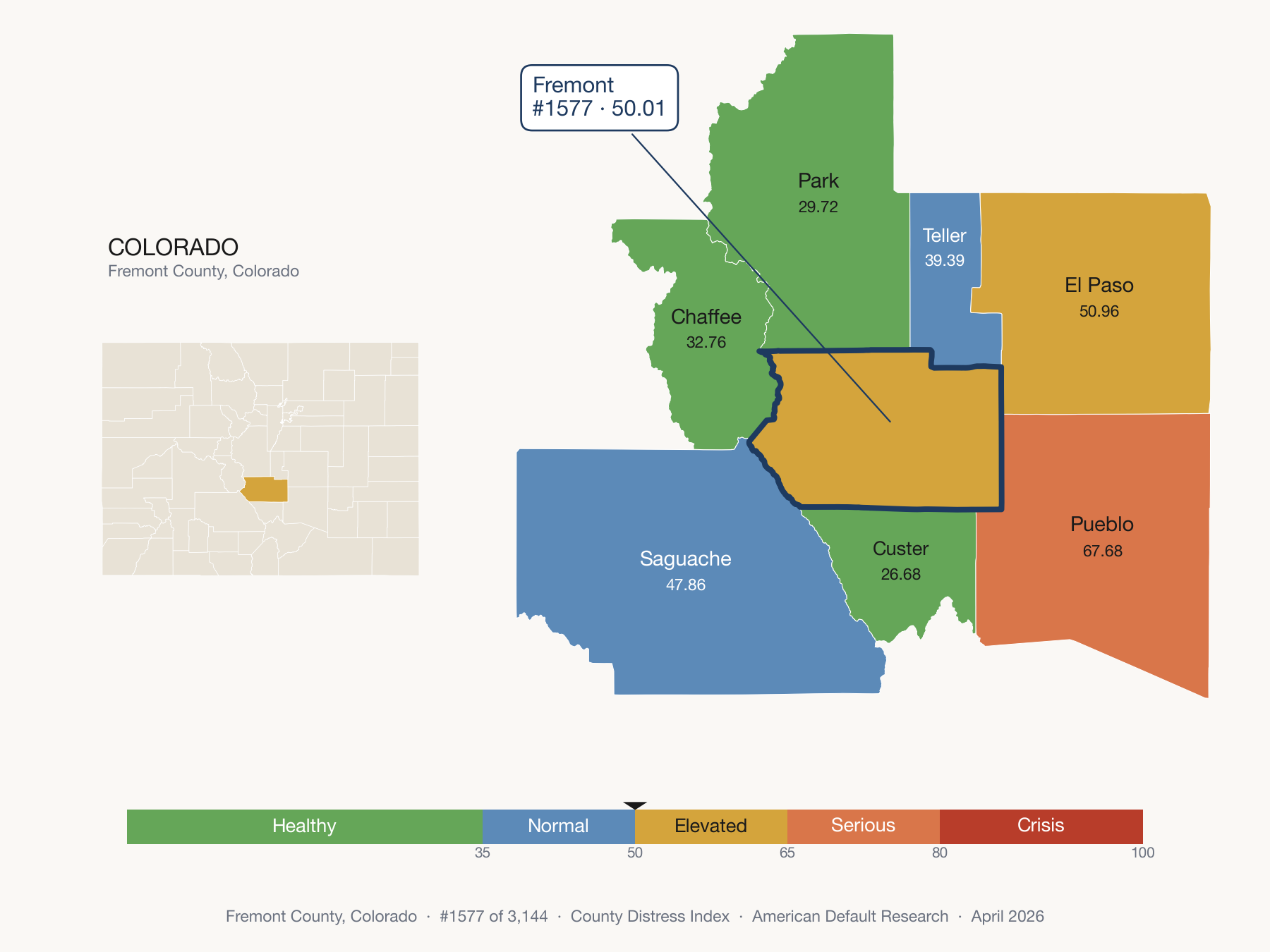 County Distress Index cluster map. Fremont County, Colorado and its neighbors colored by distress zone.