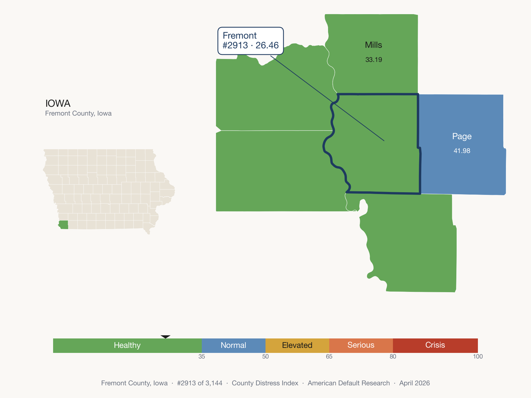 County Distress Index cluster map. Fremont County, Iowa and its neighbors colored by distress zone.