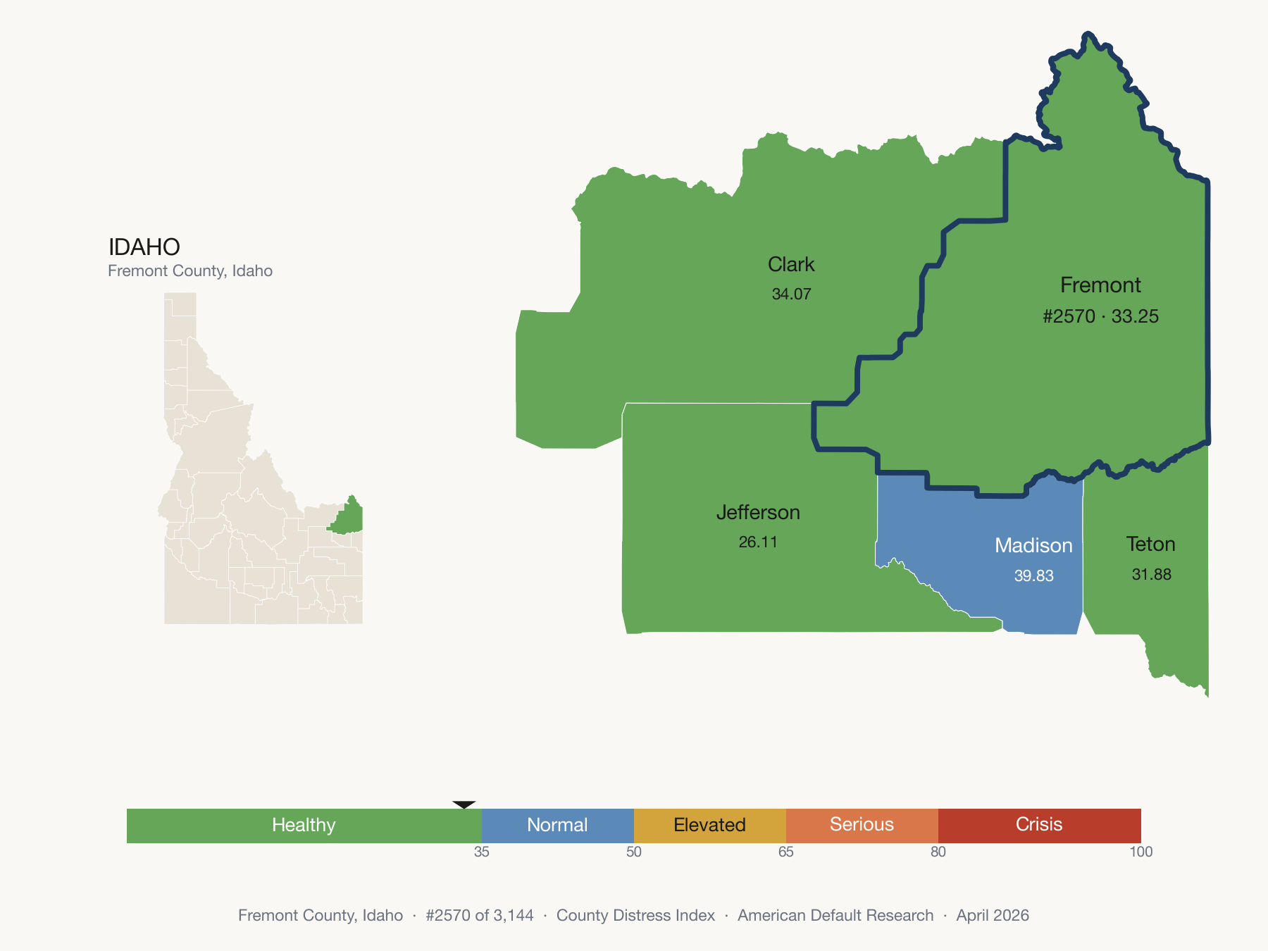 County Distress Index cluster map. Fremont County, Idaho and its neighbors colored by distress zone.
