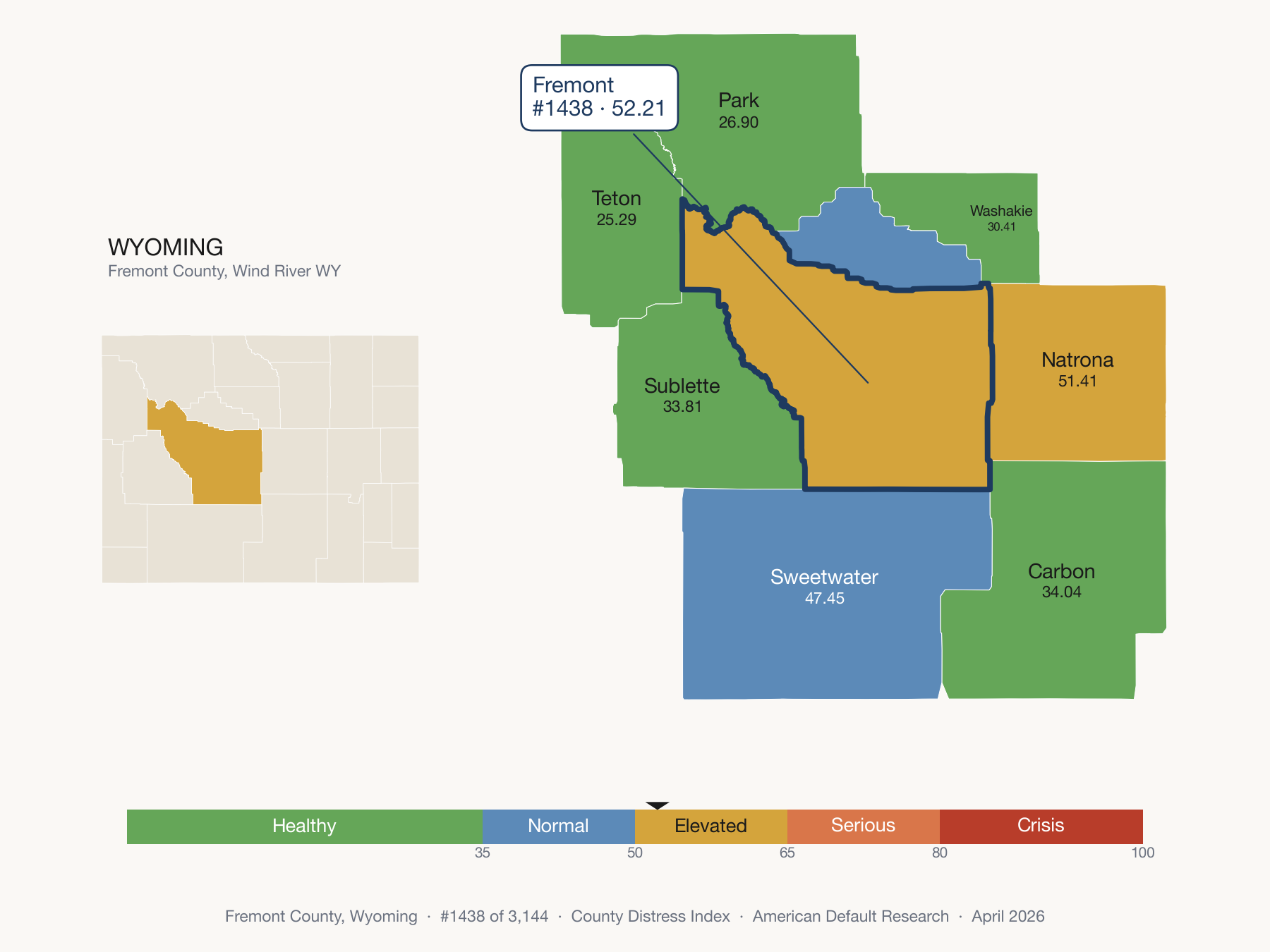 County Distress Index cluster map. Fremont County, Wyoming and its neighbors colored by distress zone.