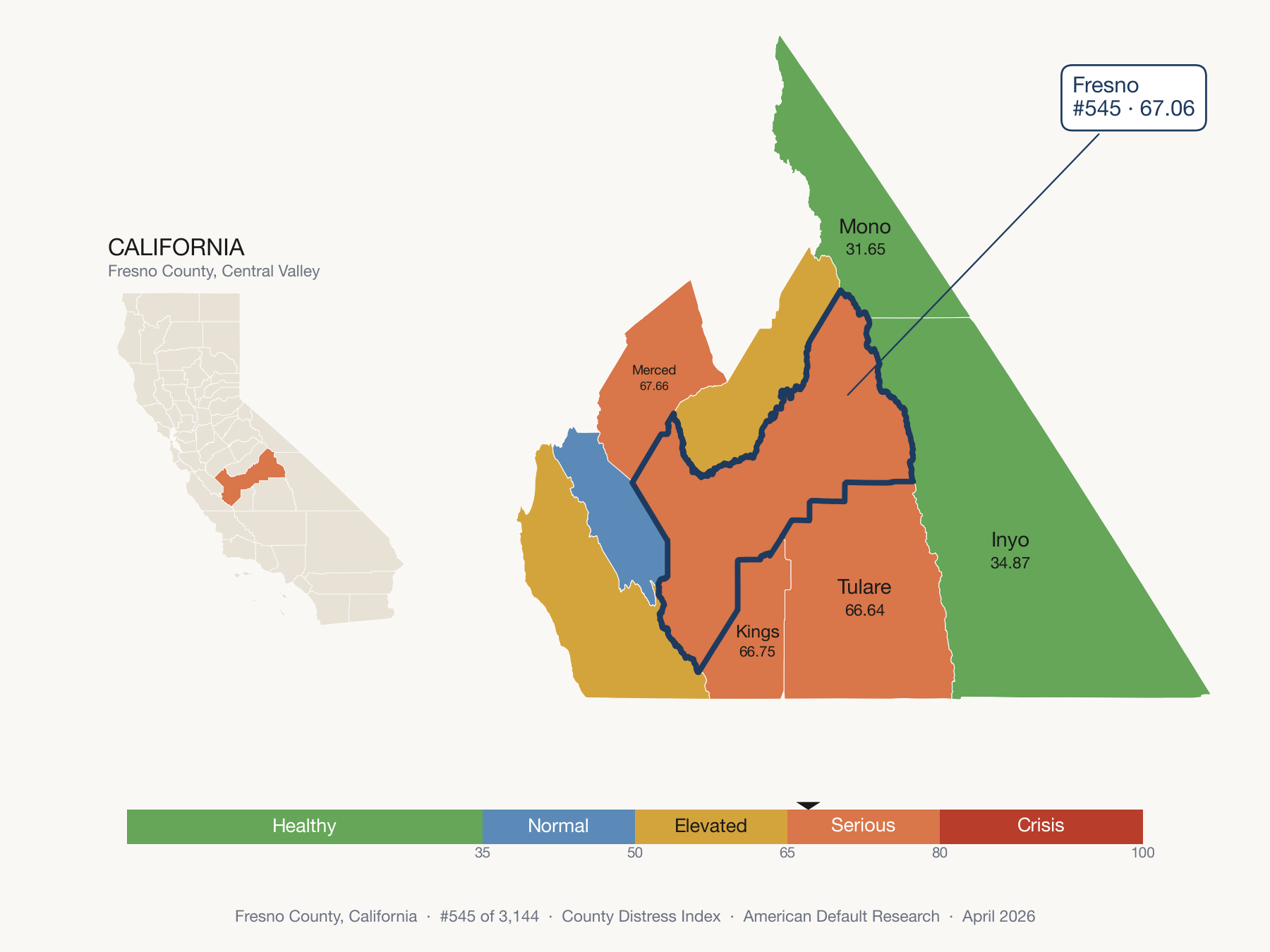 County Distress Index cluster map. Fresno County, California and its neighbors colored by distress zone.