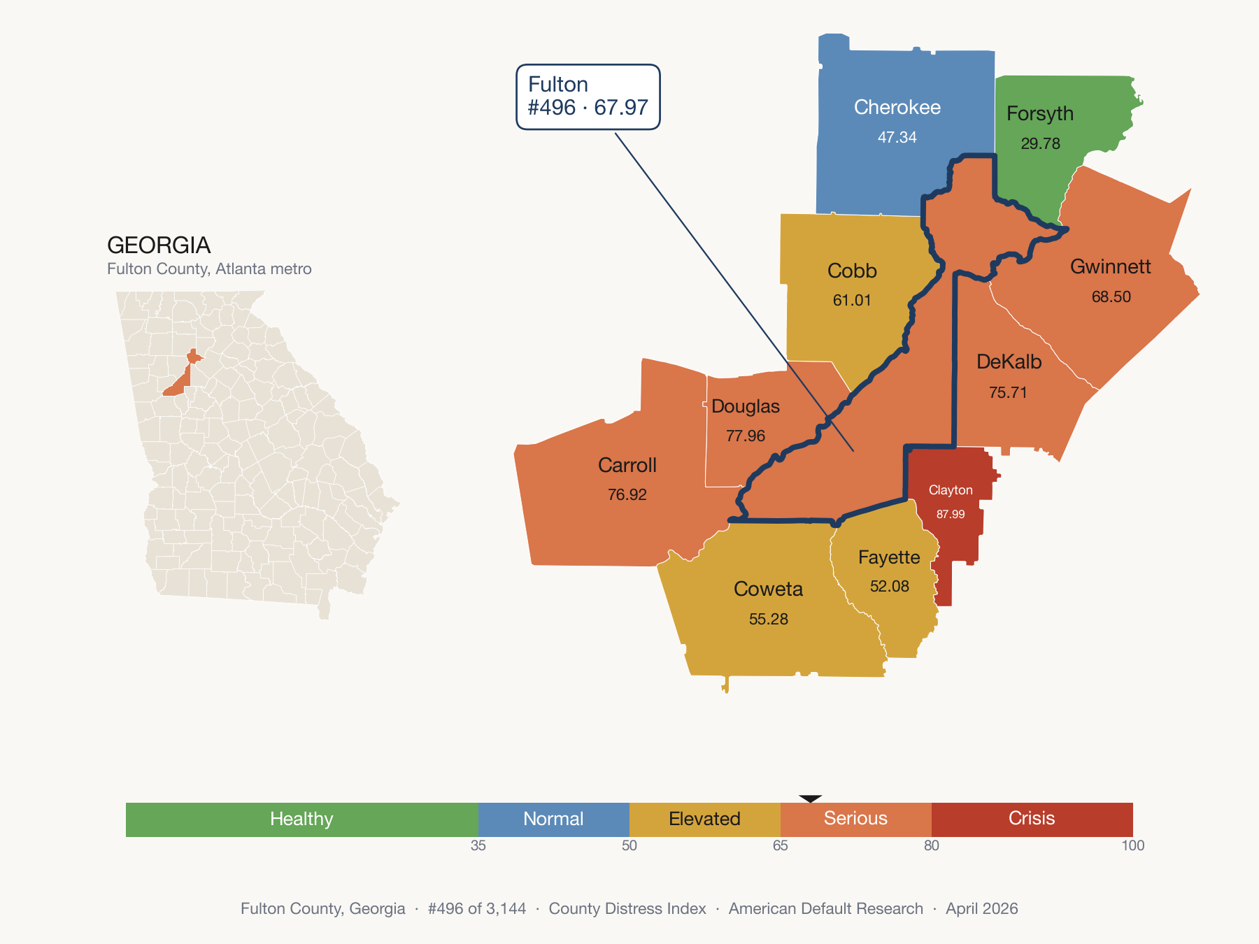 County Distress Index cluster map. Fulton County, Georgia and its neighbors colored by distress zone.