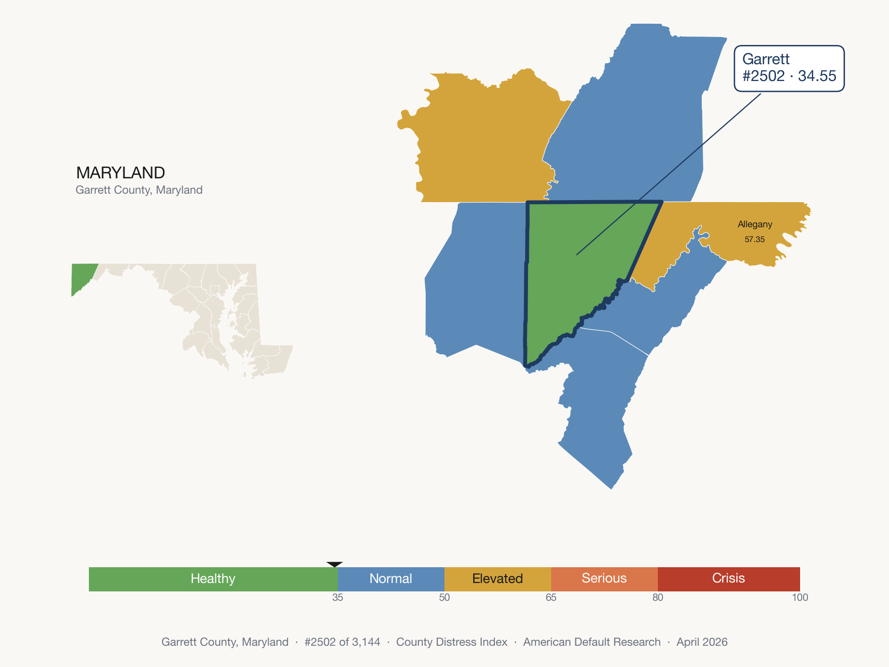 County Distress Index cluster map. Garrett County, Maryland and its neighbors colored by distress zone.
