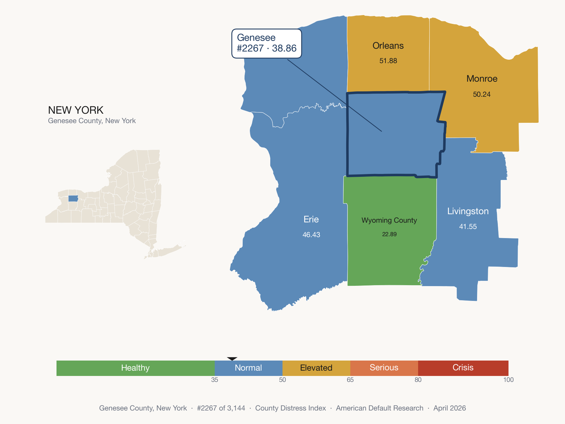 County Distress Index cluster map. Genesee County, New York and its neighbors colored by distress fifth.