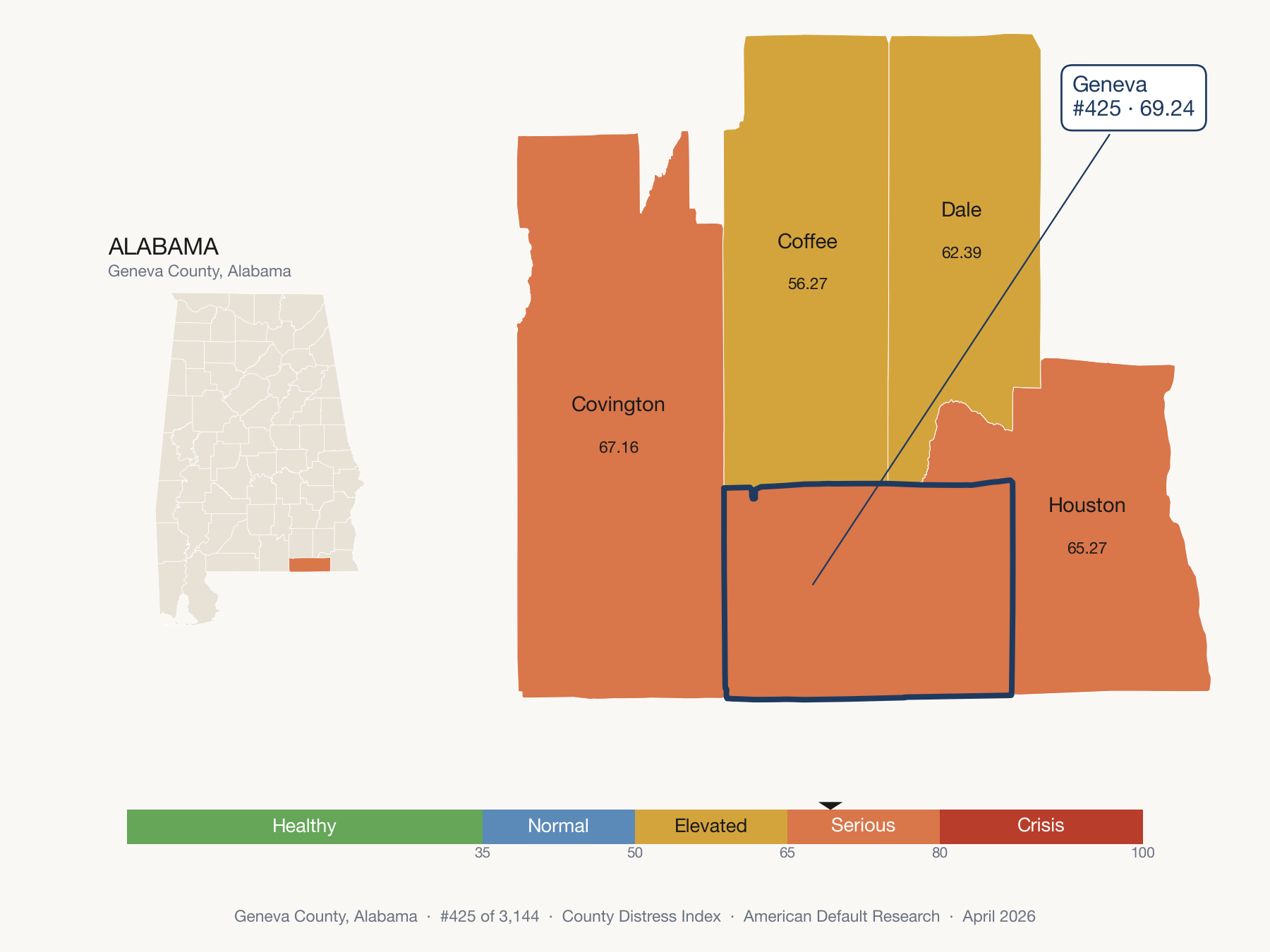 County Distress Index cluster map. Geneva County, Alabama and its neighbors colored by distress zone.