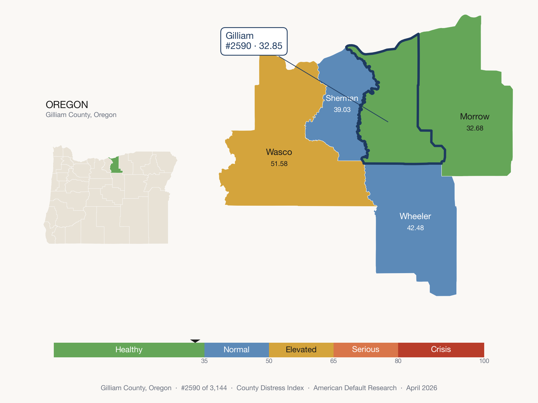 County Distress Index cluster map. Gilliam County, Oregon and its neighbors colored by distress zone.