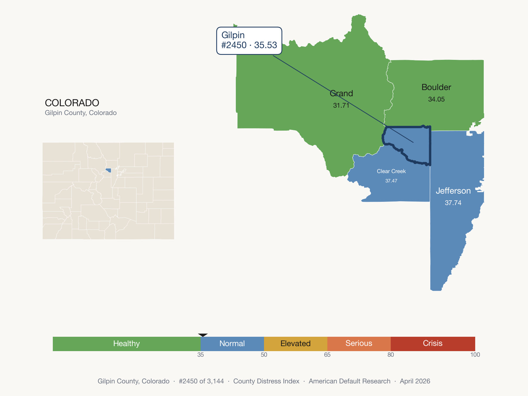 County Distress Index cluster map. Gilpin County, Colorado and its neighbors colored by distress zone.