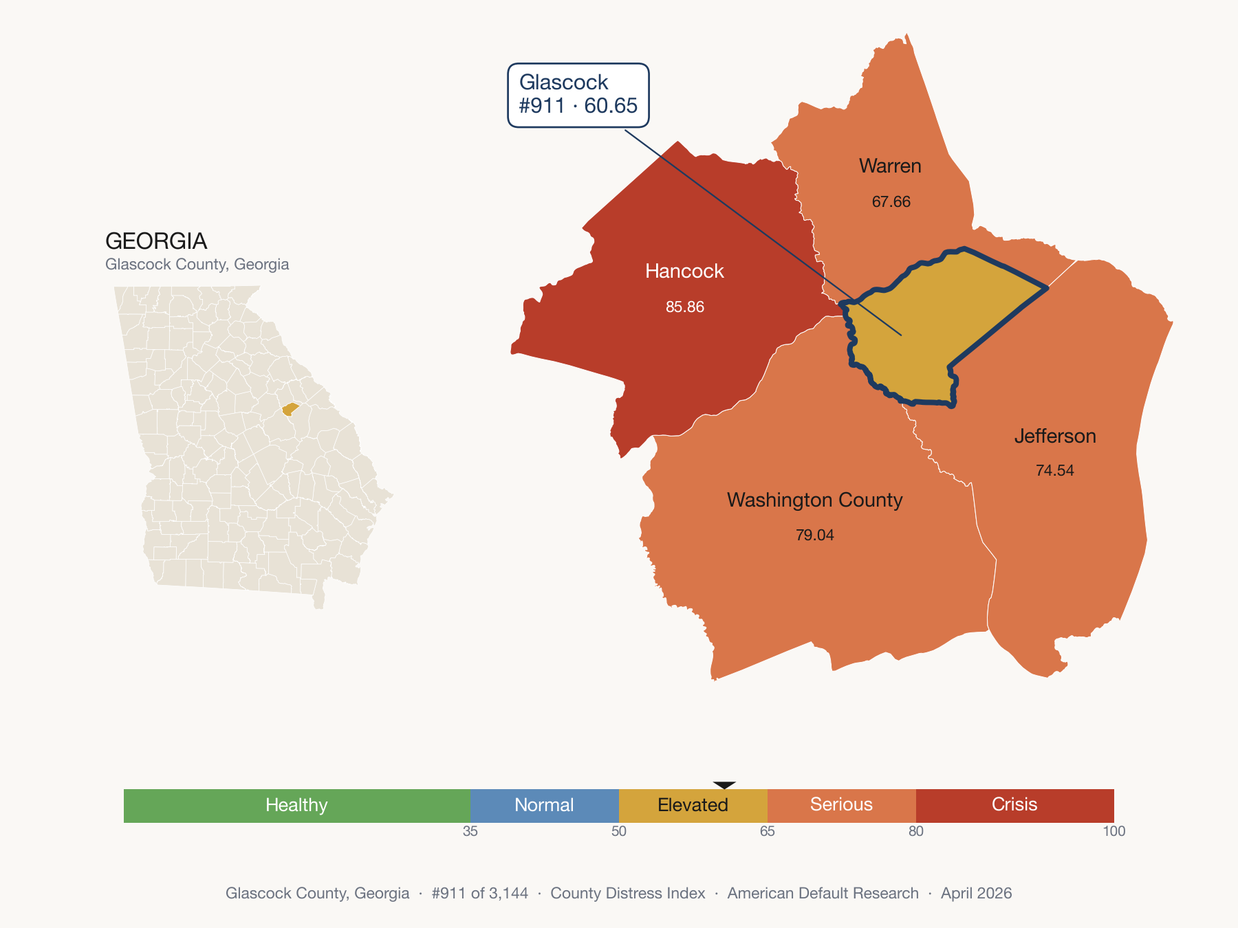 County Distress Index cluster map. Glascock County, Georgia and its neighbors colored by distress fifth.