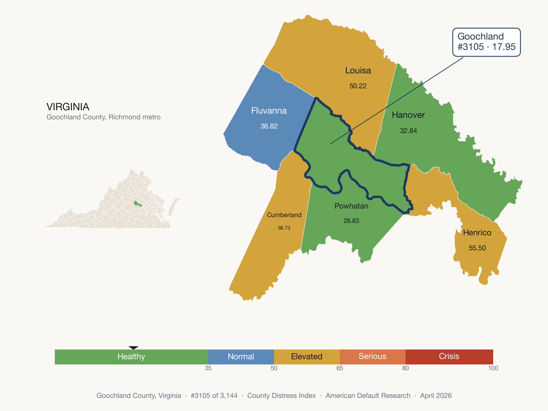 County Distress Index cluster map. Goochland County, Virginia and its neighbors colored by distress zone.