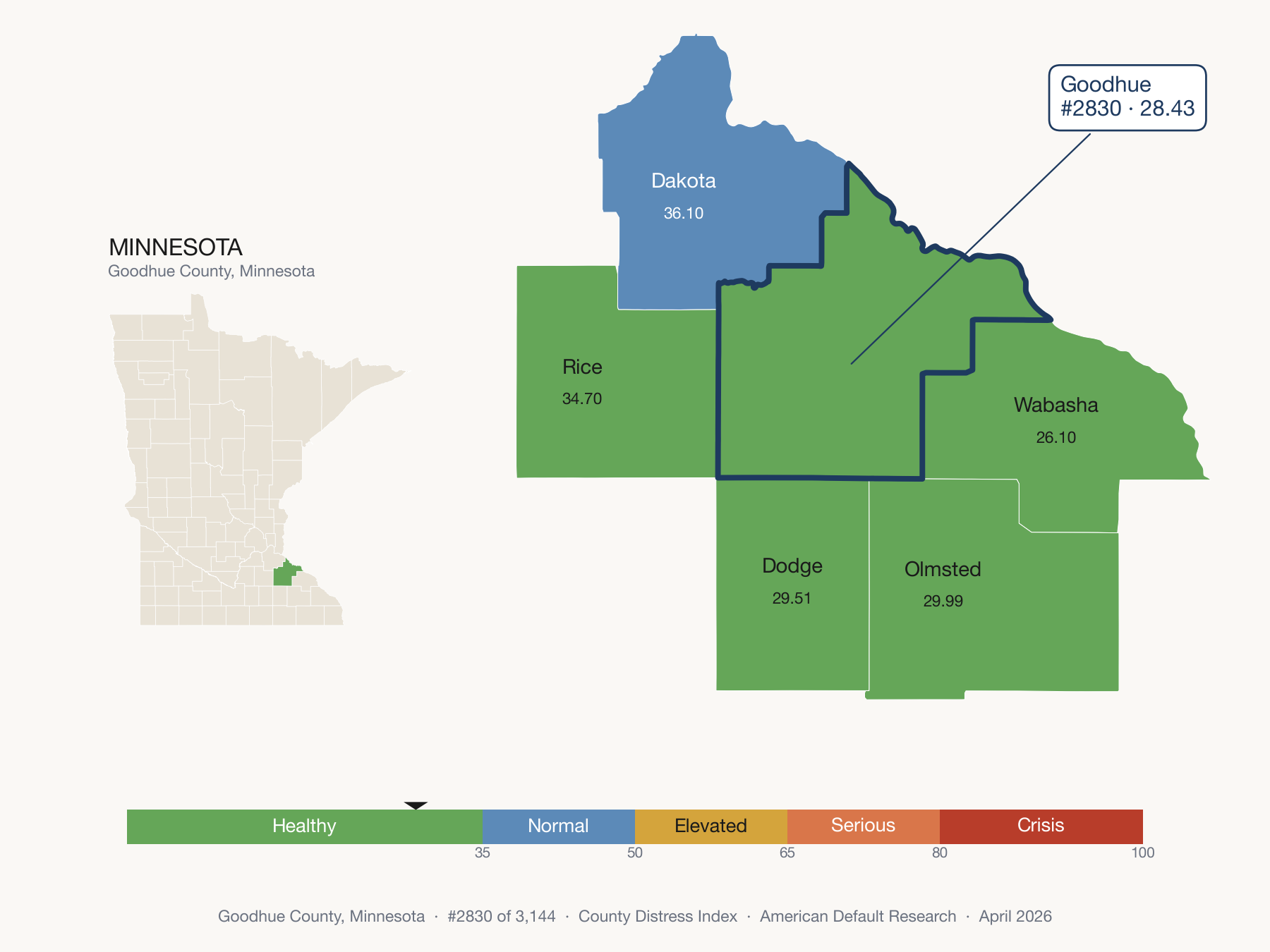 County Distress Index cluster map. Goodhue County, Minnesota and its neighbors colored by distress fifth.