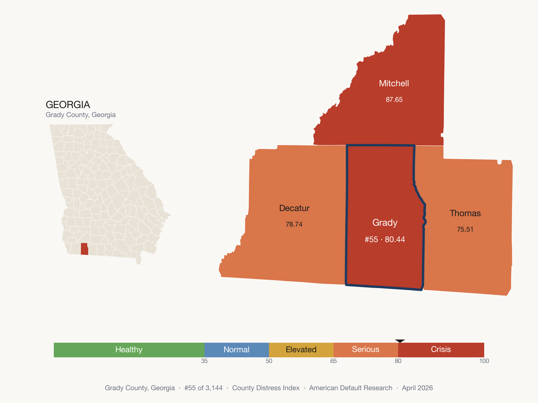 County Distress Index cluster map. Grady County, Georgia and its neighbors colored by distress fifth.