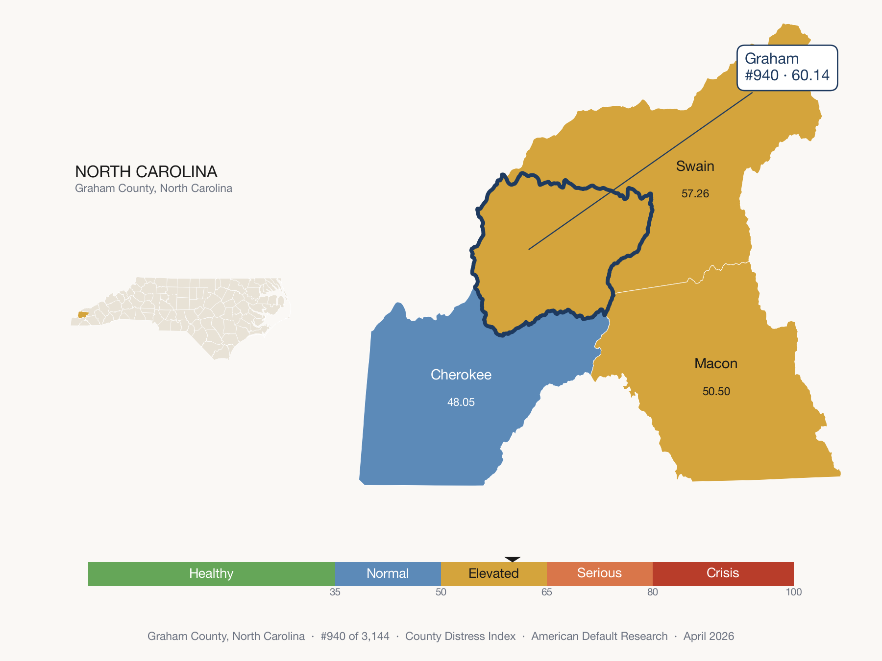 County Distress Index cluster map. Graham County, North Carolina and its neighbors colored by distress fifth.