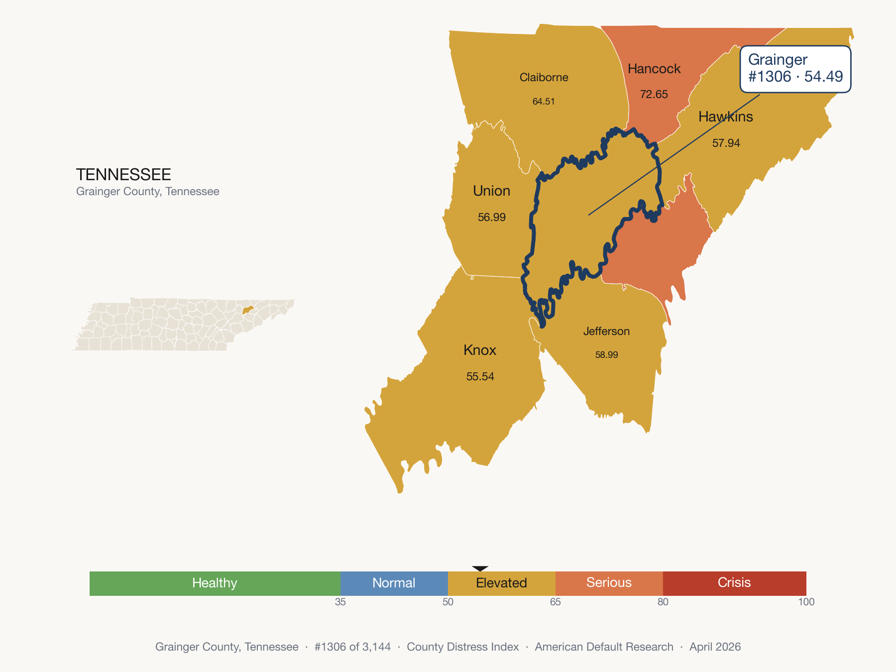 County Distress Index cluster map. Grainger County, Tennessee and its neighbors colored by distress zone.