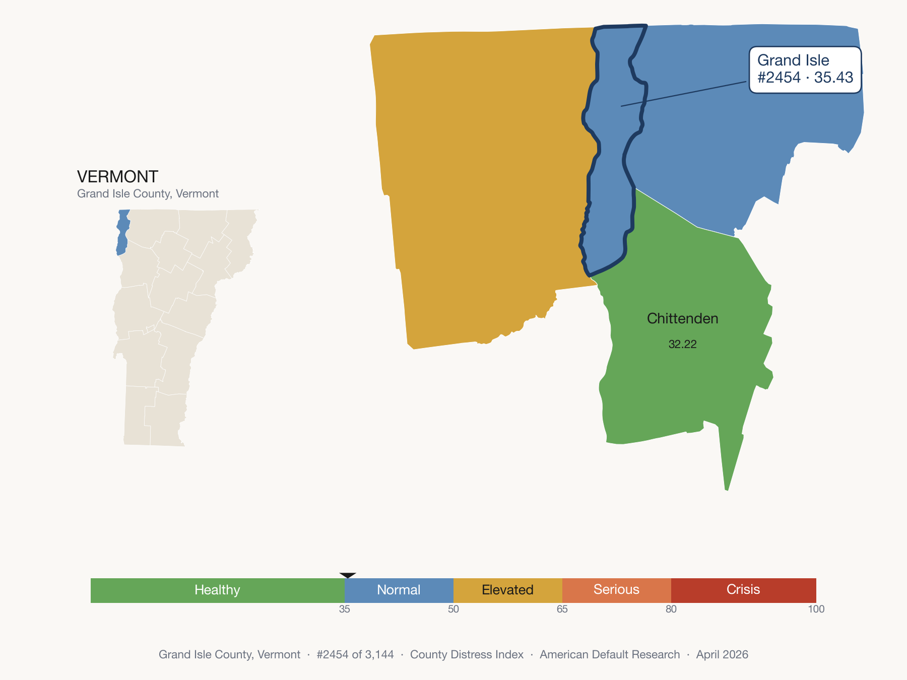County Distress Index cluster map. Grand Isle County, Vermont and its neighbors colored by distress zone.