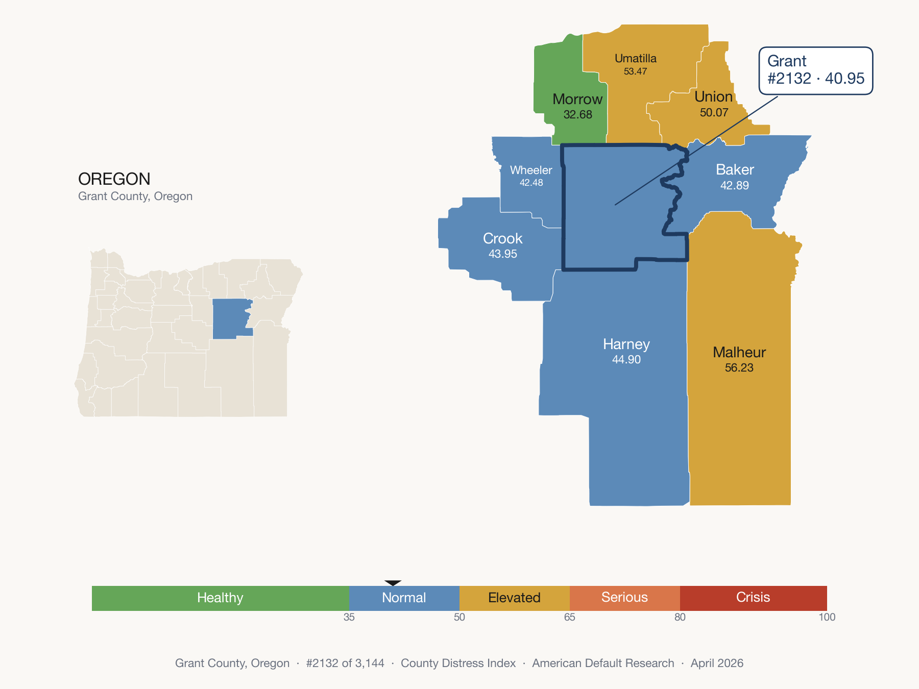 County Distress Index cluster map. Grant County, Oregon and its neighbors colored by distress fifth.