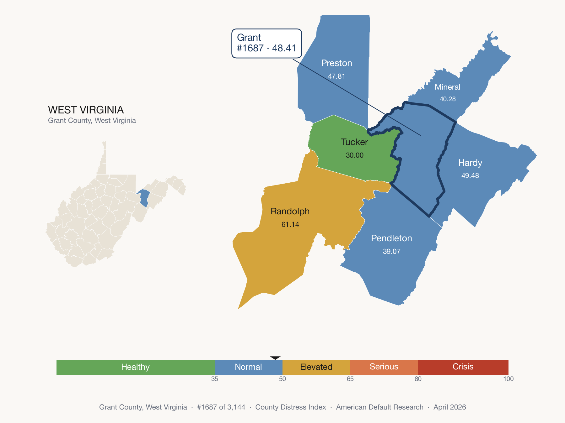 County Distress Index cluster map. Grant County, West Virginia and its neighbors colored by distress fifth.