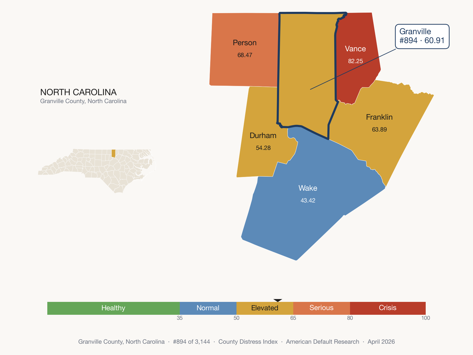 County Distress Index cluster map. Granville County, North Carolina and its neighbors colored by distress fifth.