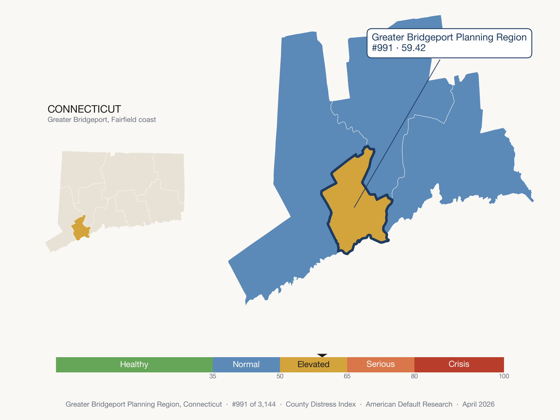 County Distress Index cluster map. Greater Bridgeport Planning Region, Connecticut and its neighbors colored by distress fifth.