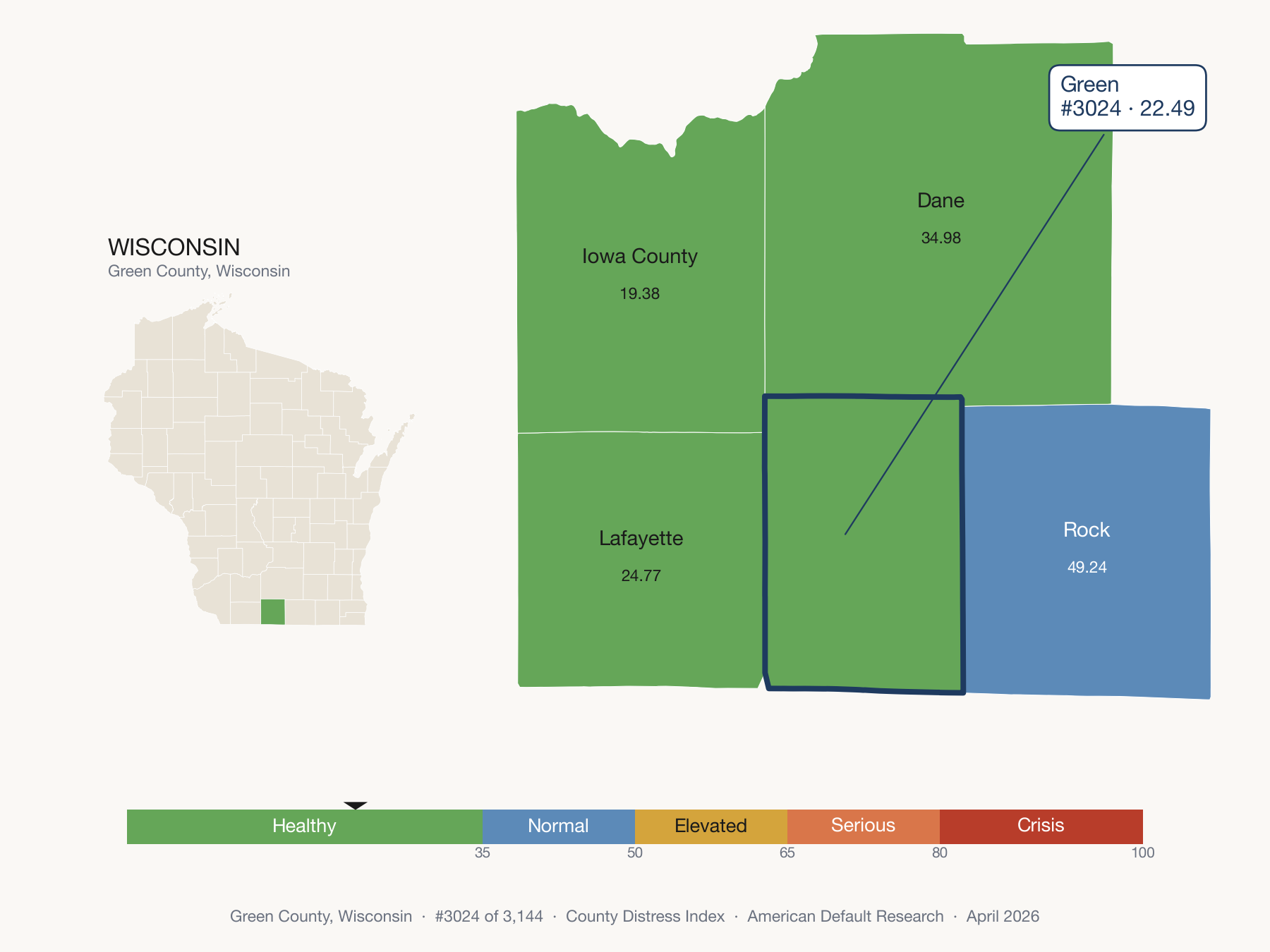 County Distress Index cluster map. Green County, Wisconsin and its neighbors colored by distress zone.
