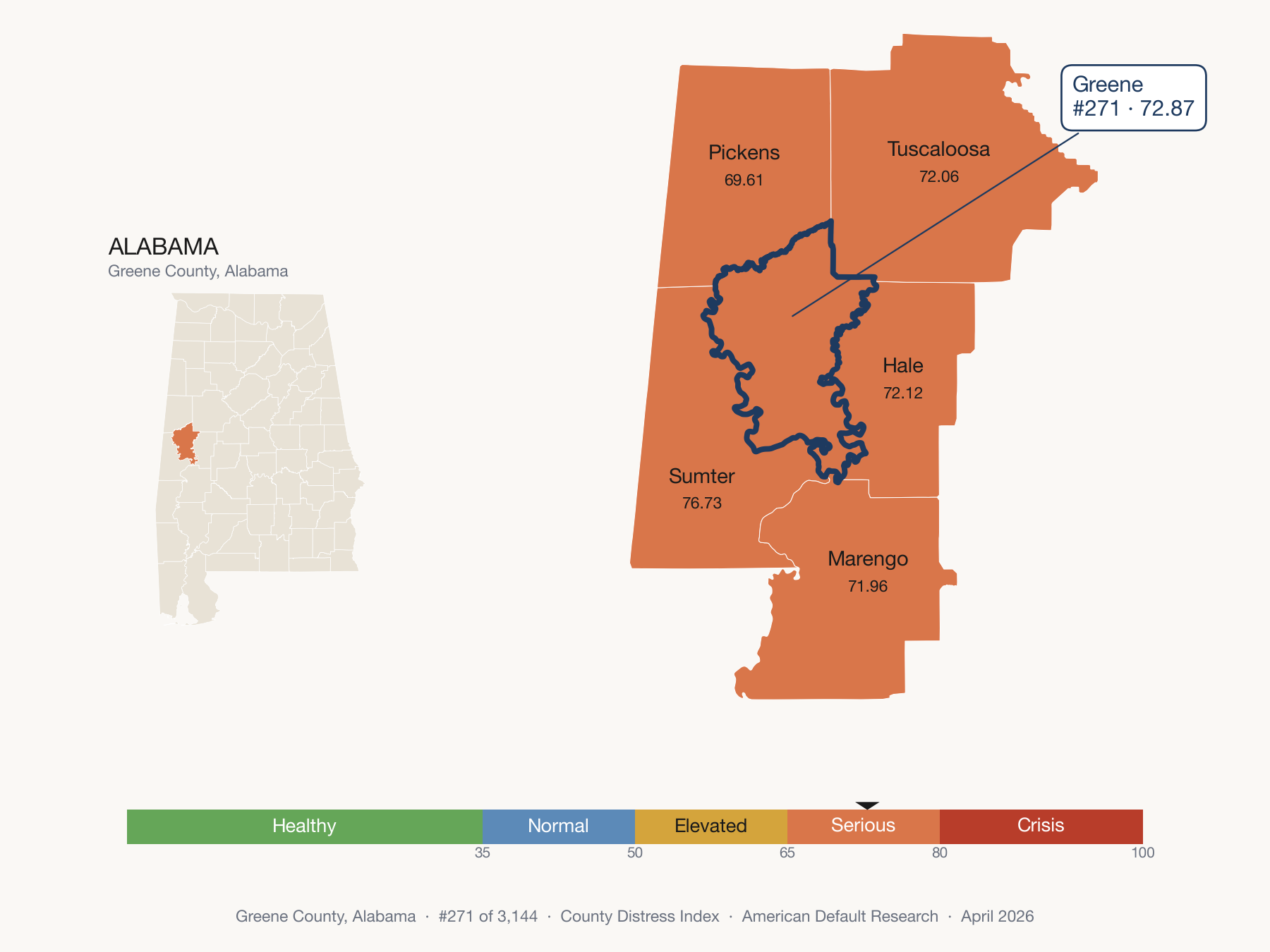 County Distress Index cluster map. Greene County, Alabama and its neighbors colored by distress fifth.