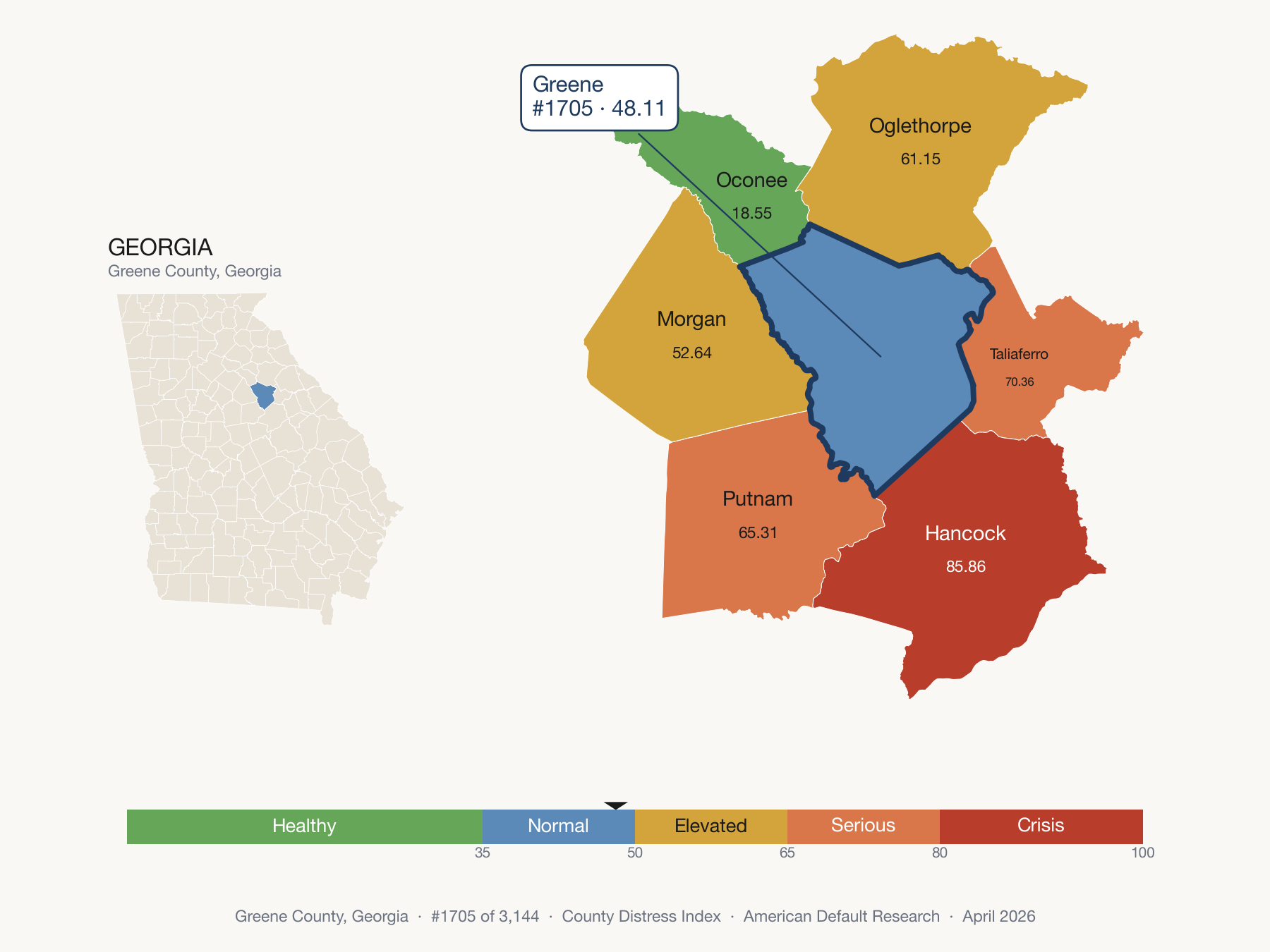 County Distress Index cluster map. Greene County, Georgia and its neighbors colored by distress fifth.