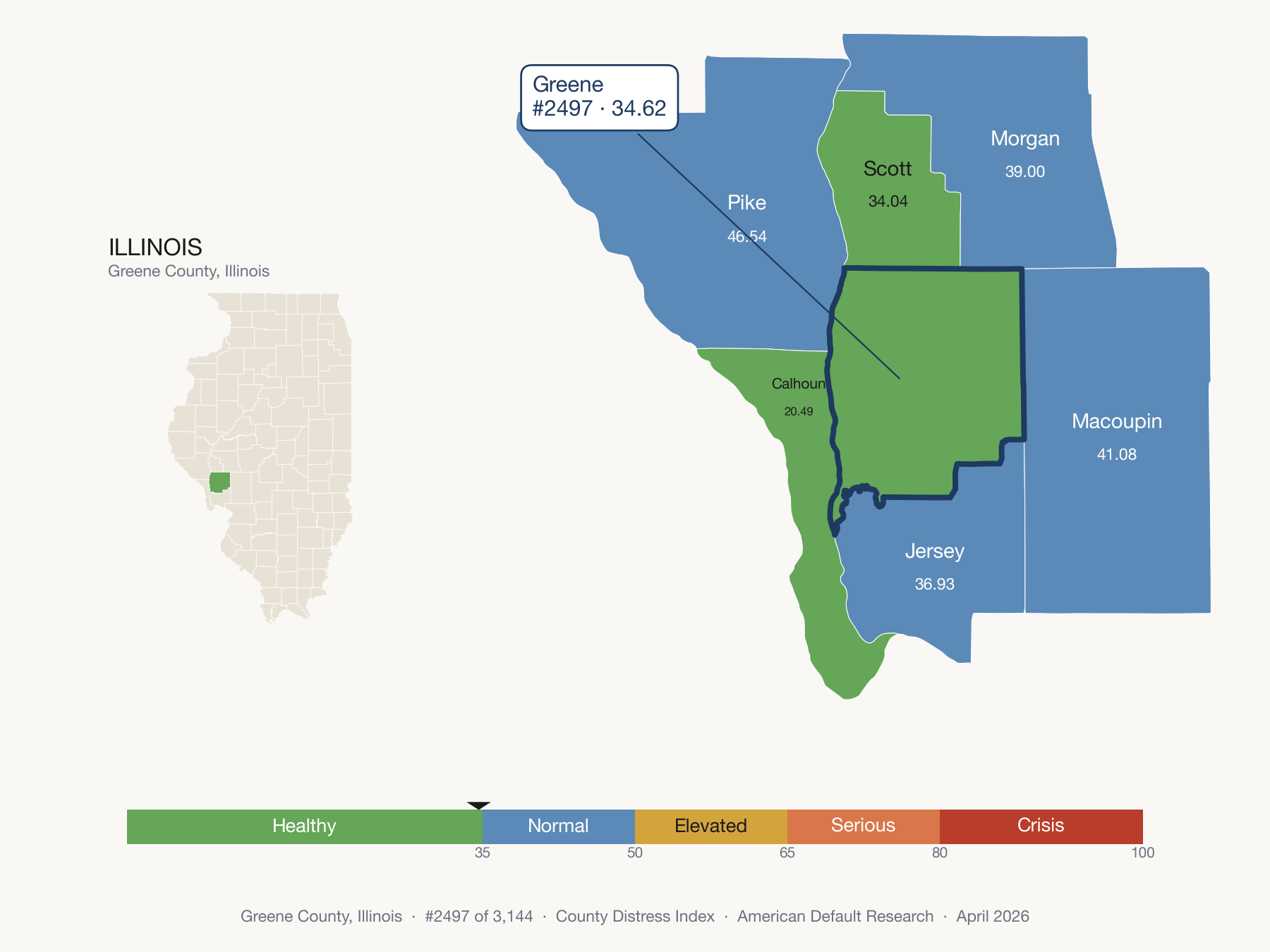 County Distress Index cluster map. Greene County, Illinois and its neighbors colored by distress zone.