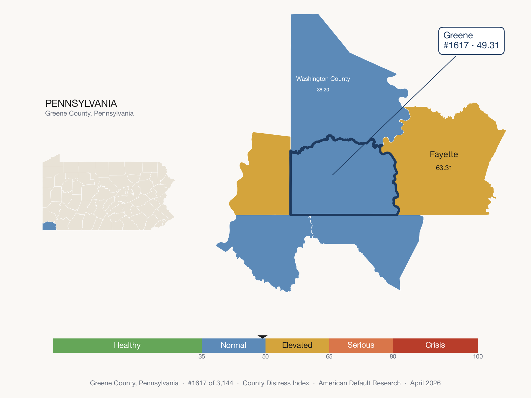 County Distress Index cluster map. Greene County, Pennsylvania and its neighbors colored by distress fifth.