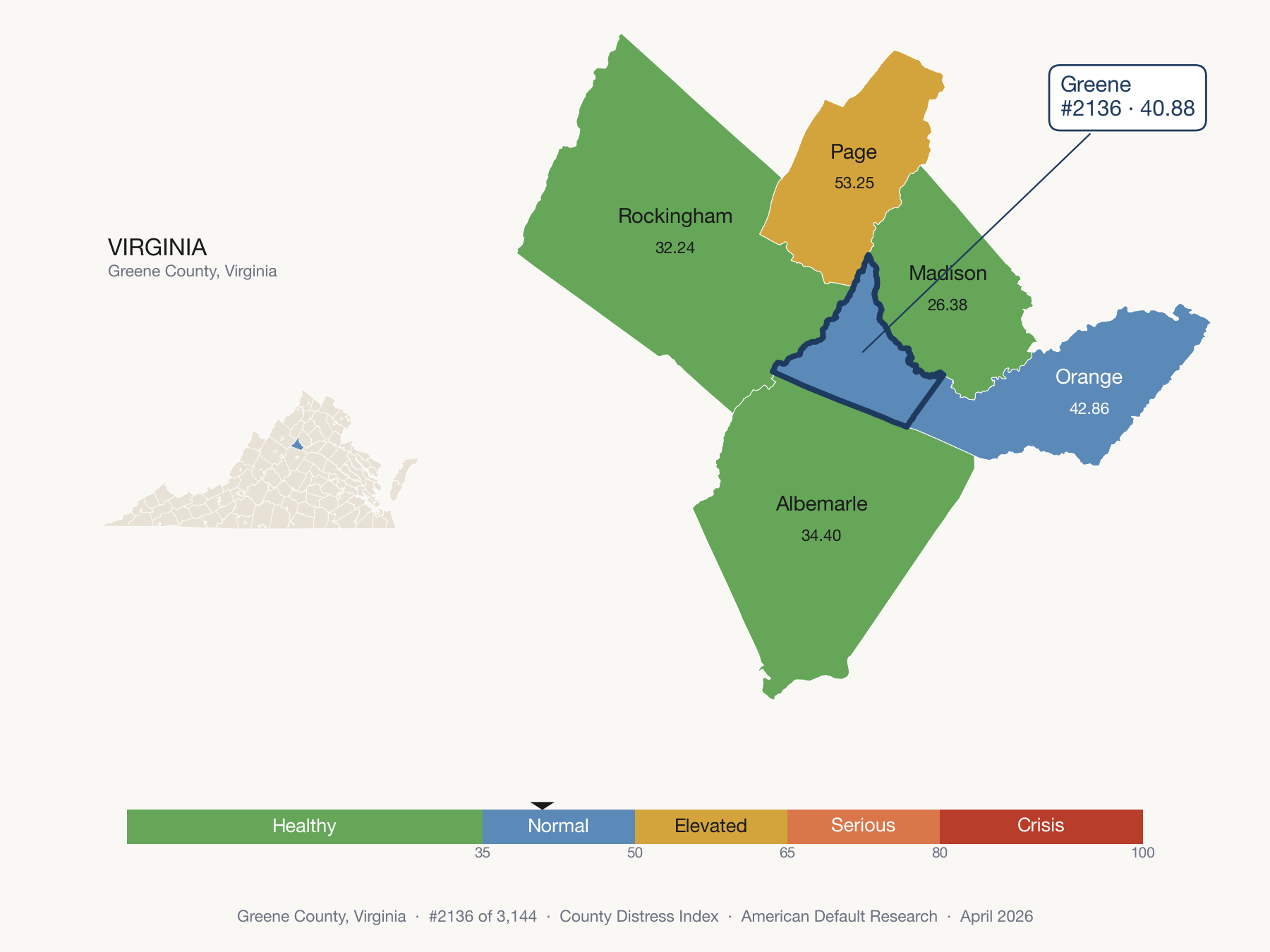 County Distress Index cluster map. Greene County, Virginia and its neighbors colored by distress fifth.