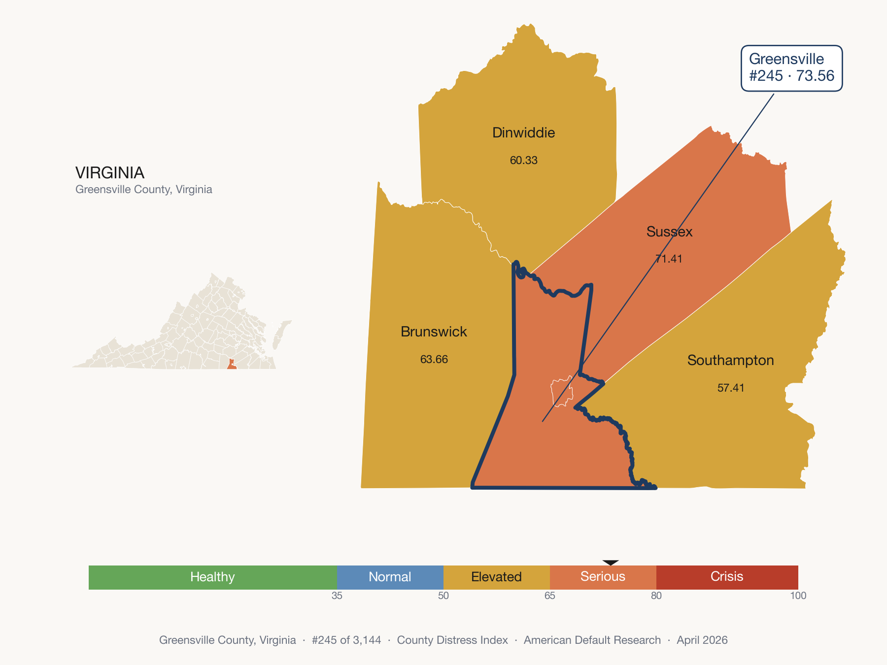 County Distress Index cluster map. Greensville County, Virginia and its neighbors colored by distress fifth.