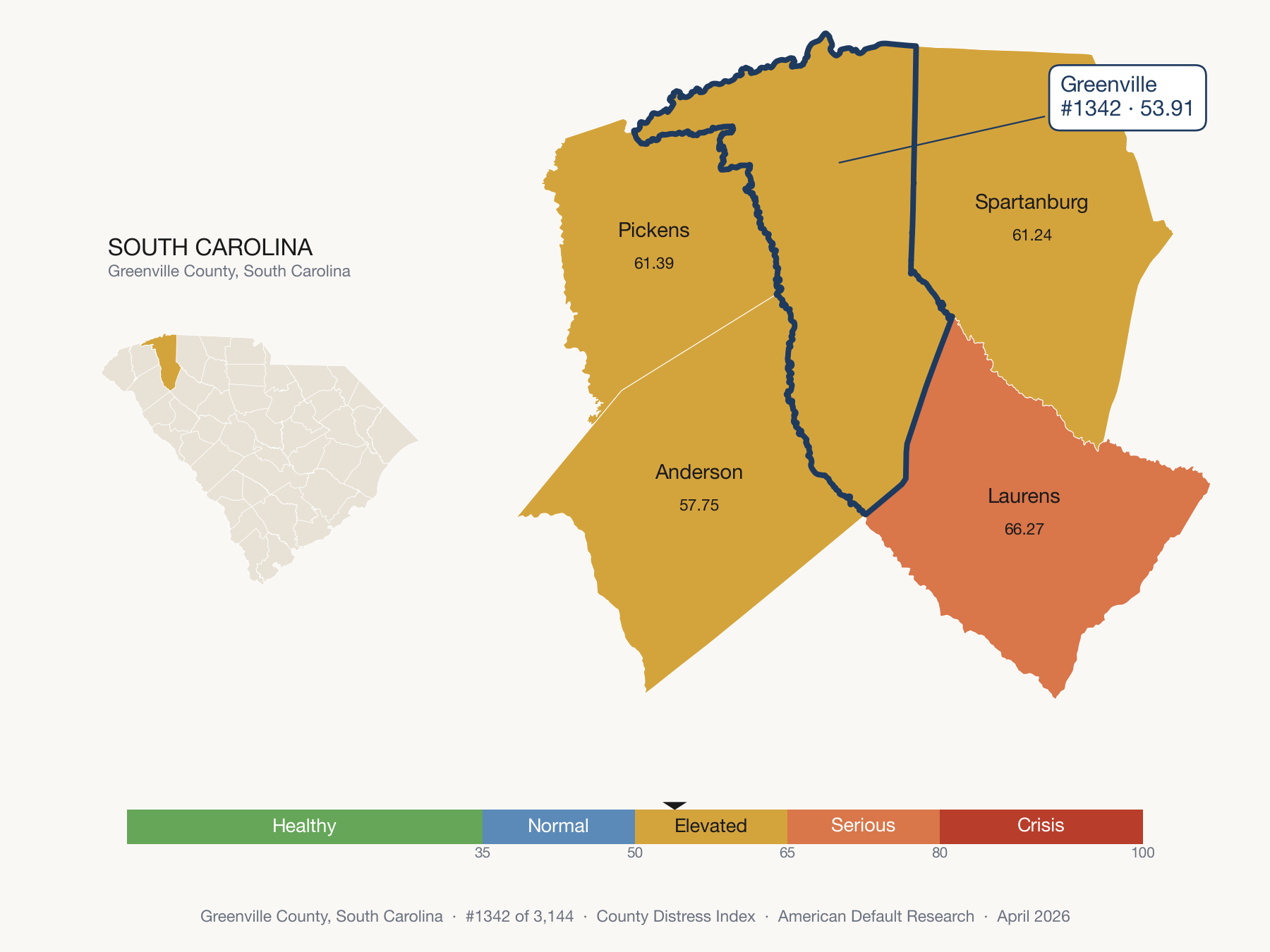 County Distress Index cluster map. Greenville County, South Carolina and its neighbors colored by distress zone.