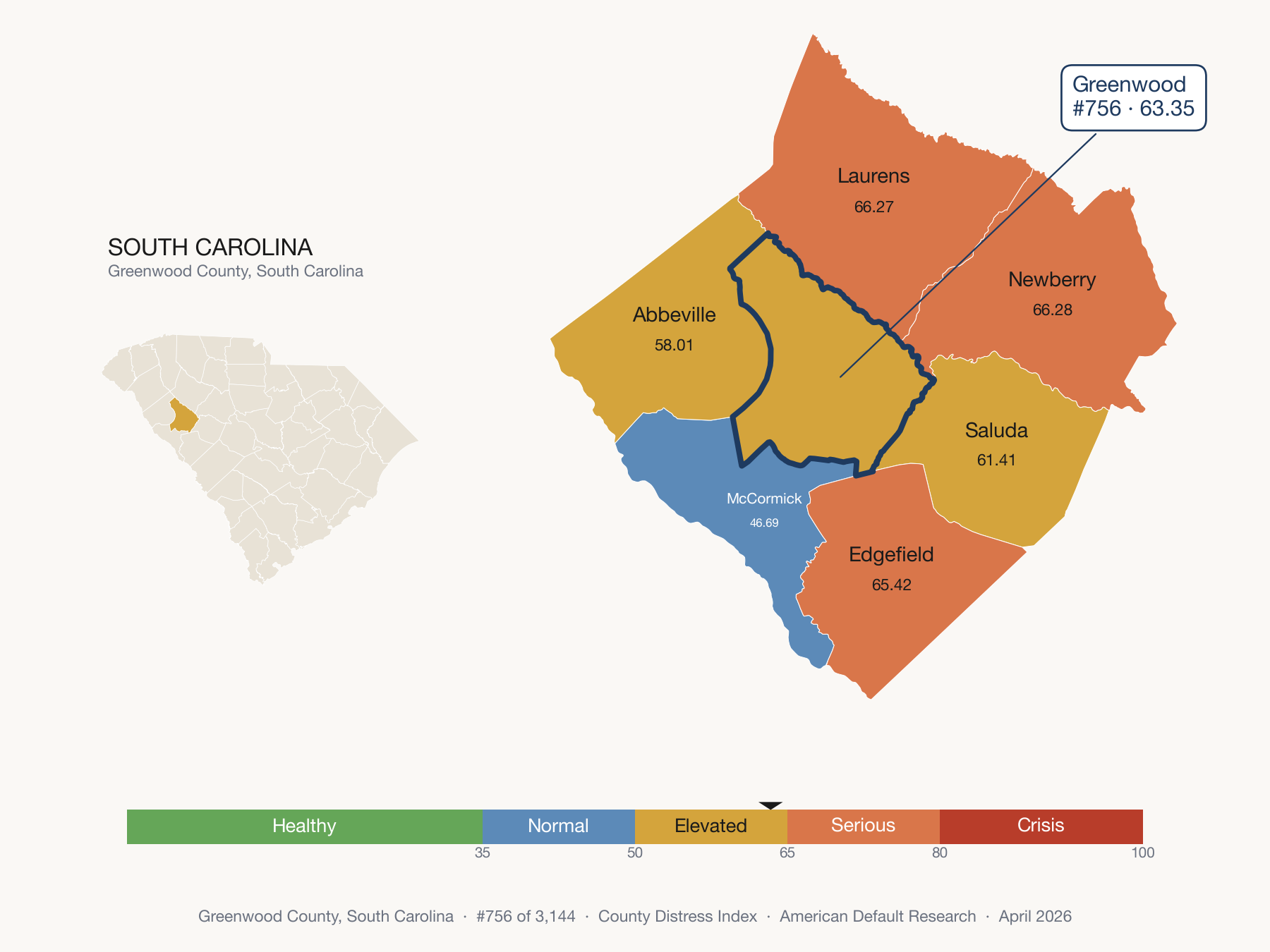 County Distress Index cluster map. Greenwood County, South Carolina and its neighbors colored by distress fifth.
