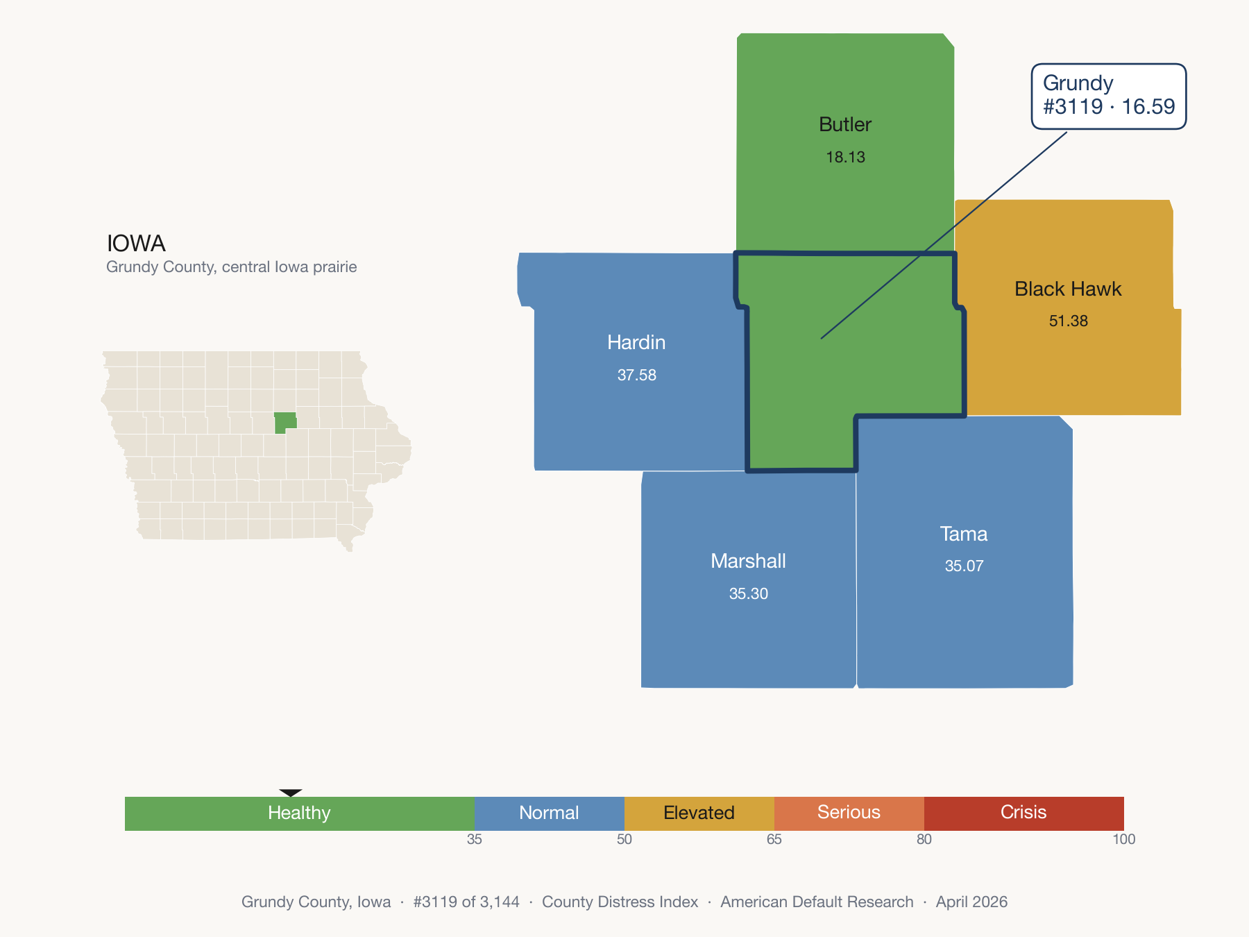 County Distress Index cluster map. Grundy County, Iowa and its neighbors colored by distress zone.