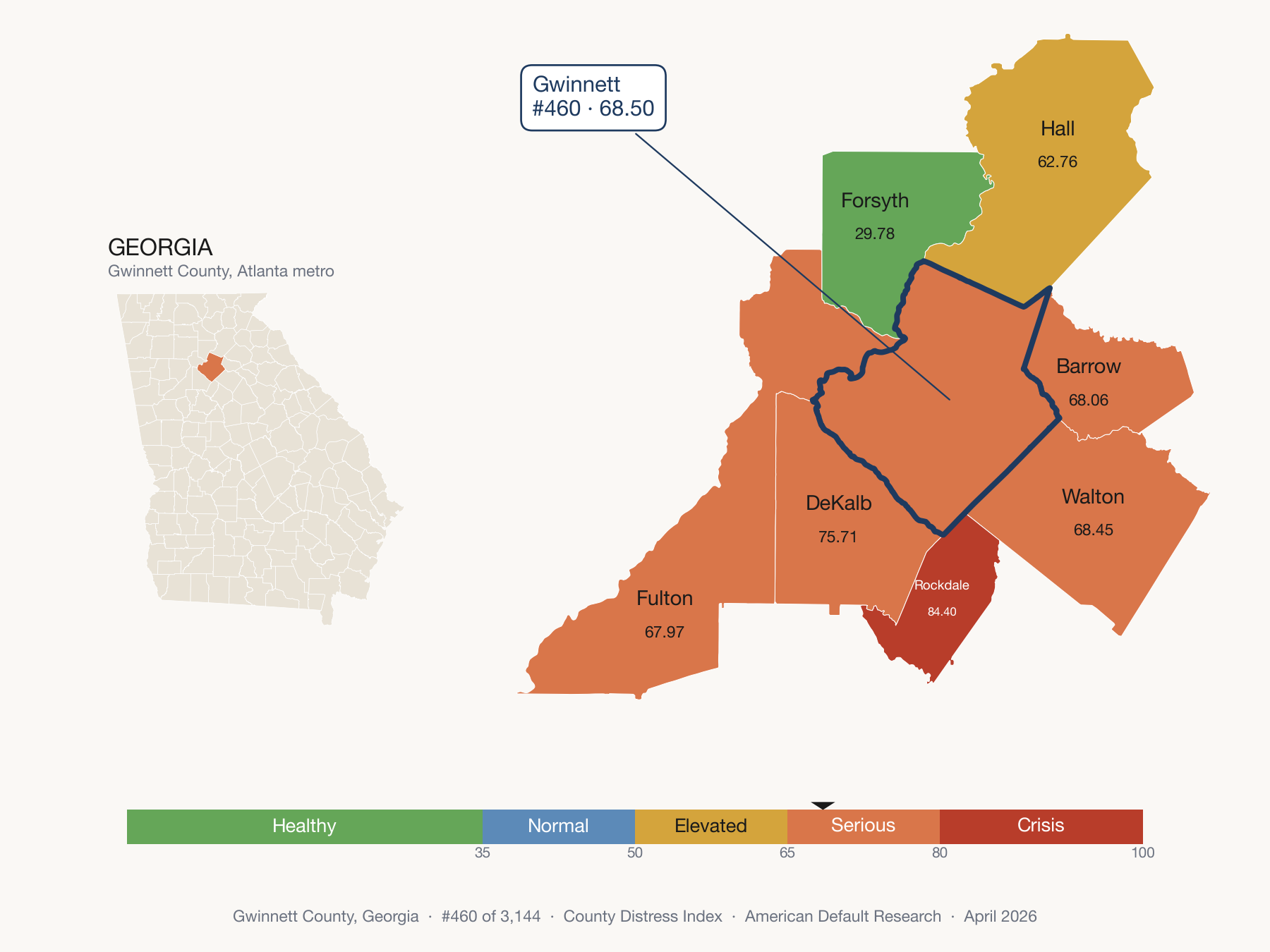 County Distress Index cluster map. Gwinnett County, Georgia and its neighbors colored by distress fifth.
