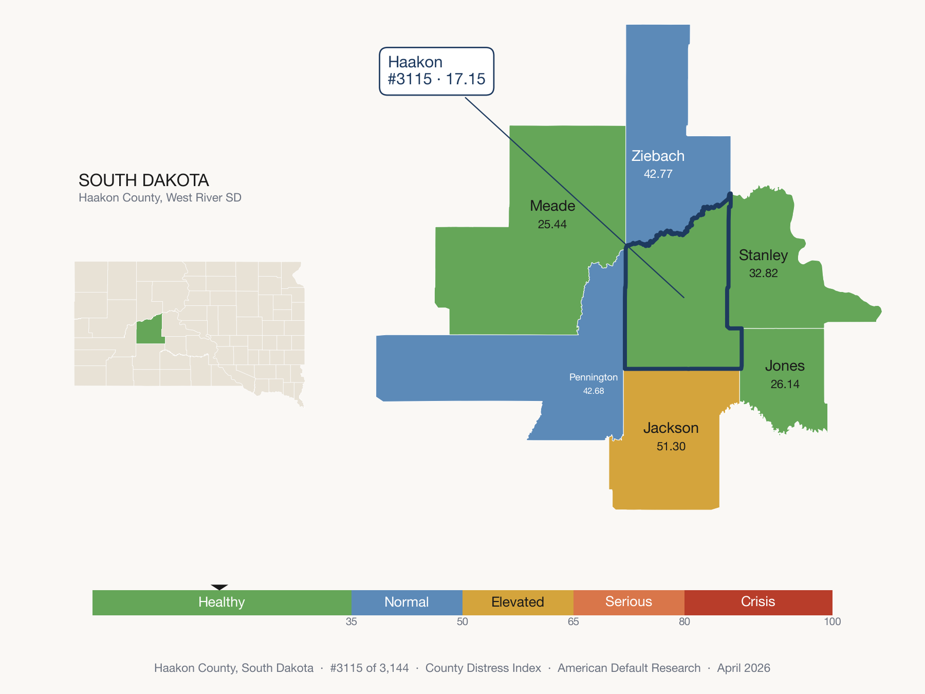 County Distress Index cluster map. Haakon County, South Dakota and its neighbors colored by distress zone.