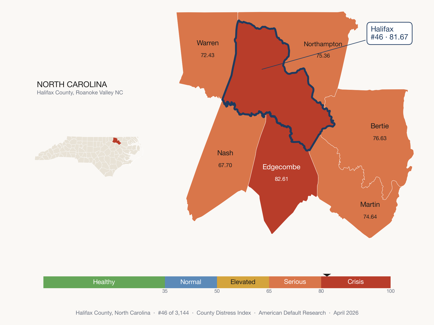 County Distress Index cluster map. Halifax County, North Carolina and its neighbors colored by distress zone.