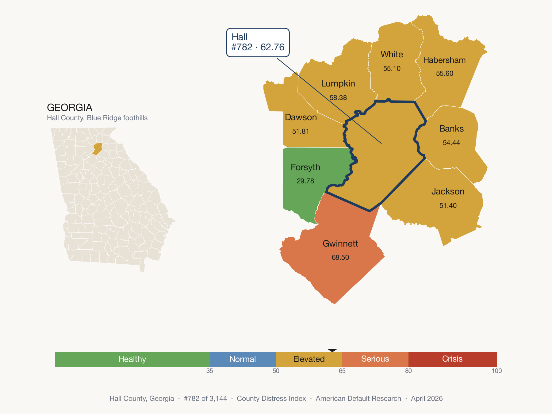County Distress Index cluster map. Hall County, Georgia and its neighbors colored by distress fifth.