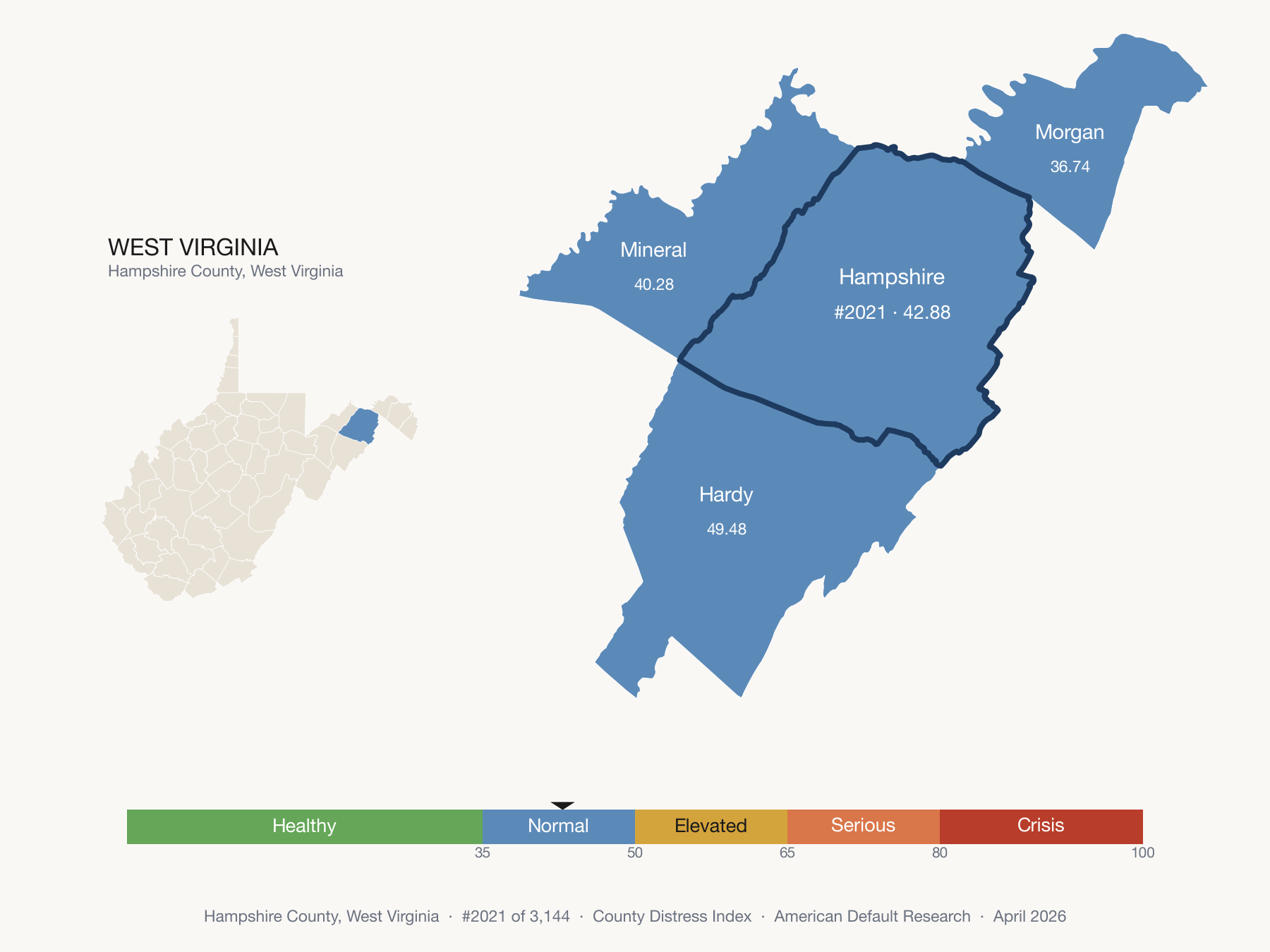 County Distress Index cluster map. Hampshire County, West Virginia and its neighbors colored by distress fifth.