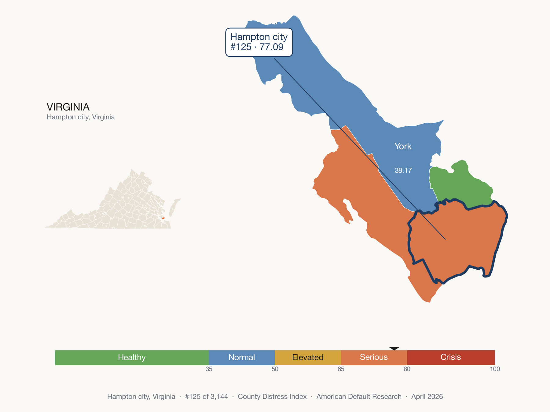 County Distress Index cluster map. Hampton city, Virginia and its neighbors colored by distress fifth.