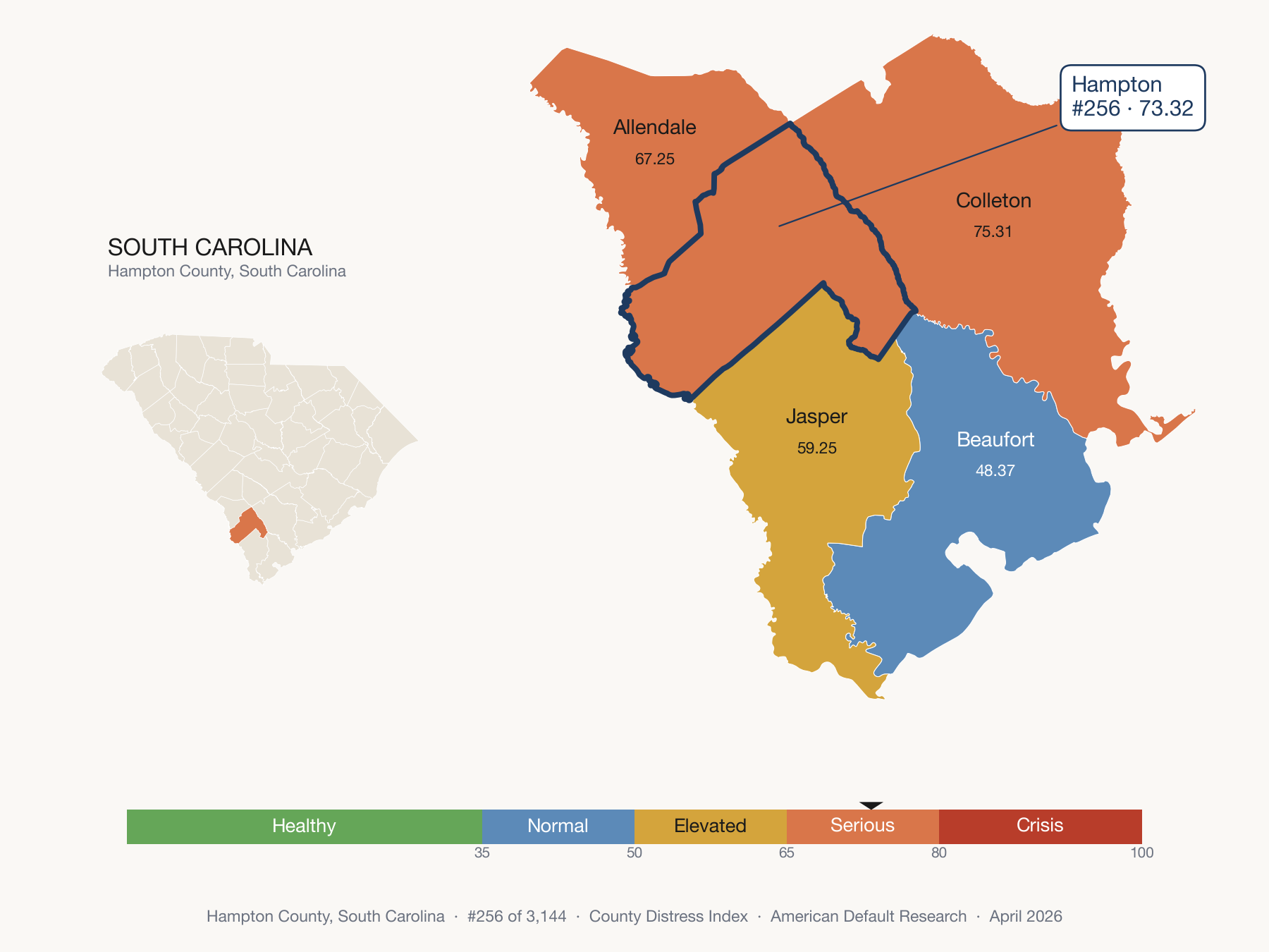 County Distress Index cluster map. Hampton County, South Carolina and its neighbors colored by distress fifth.