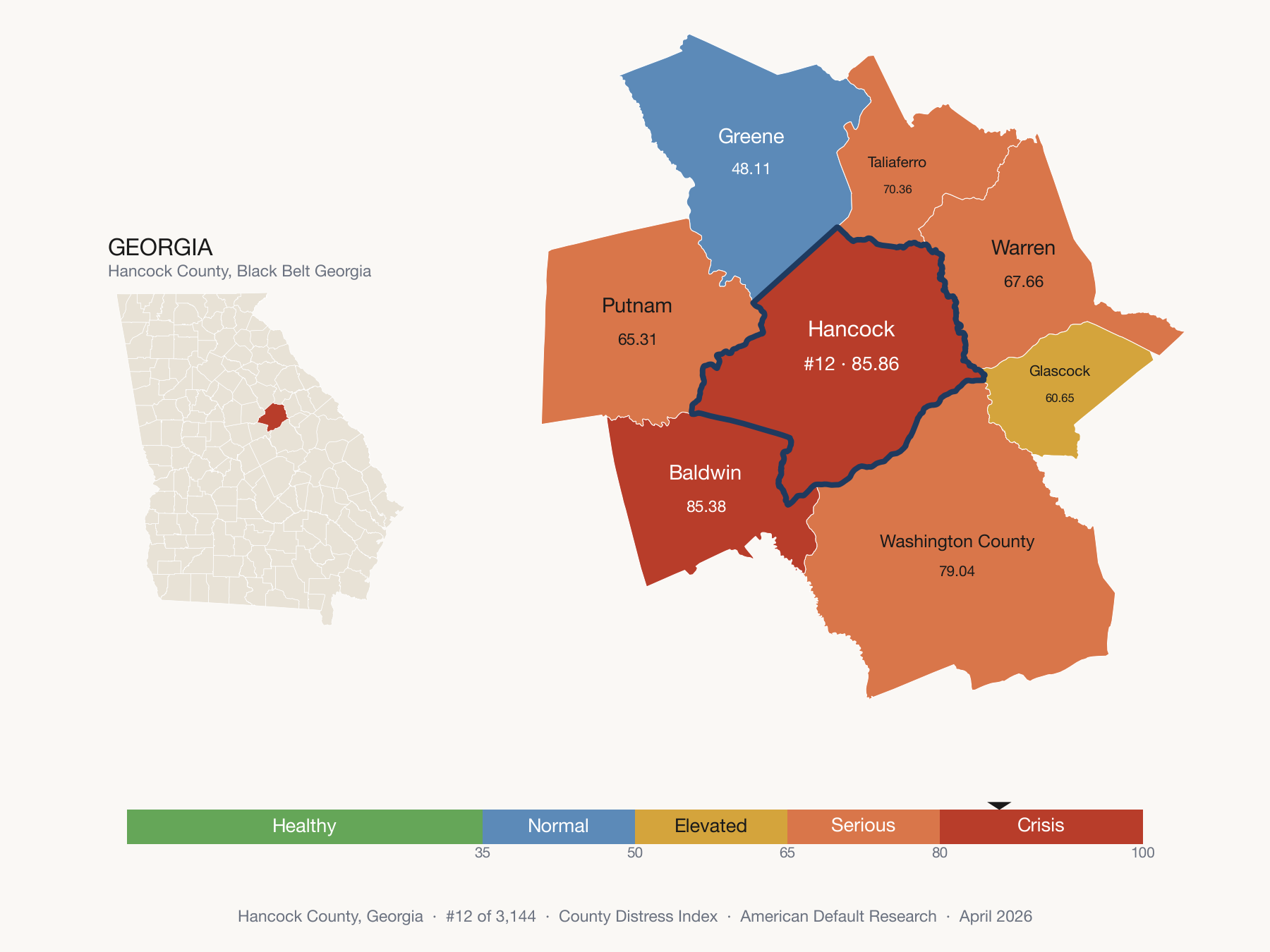 County Distress Index cluster map. Hancock County, Georgia and its neighbors colored by distress zone.