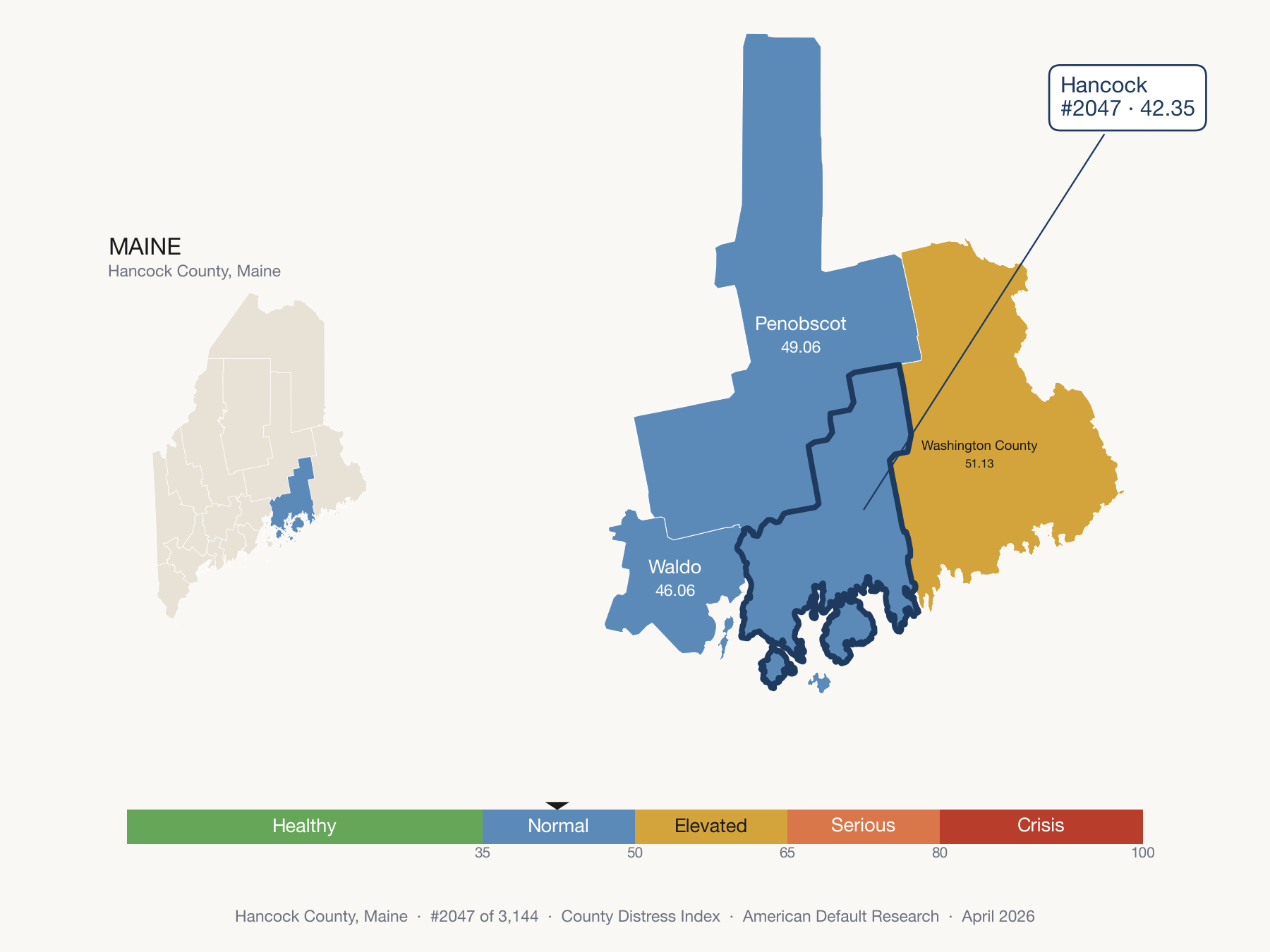 County Distress Index cluster map. Hancock County, Maine and its neighbors colored by distress zone.