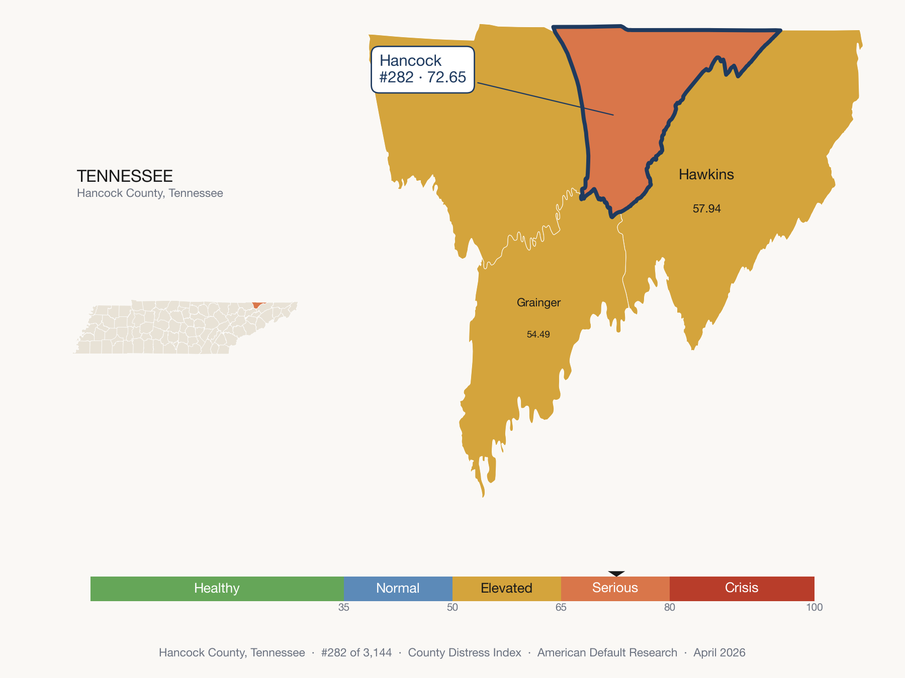 County Distress Index cluster map. Hancock County, Tennessee and its neighbors colored by distress zone.
