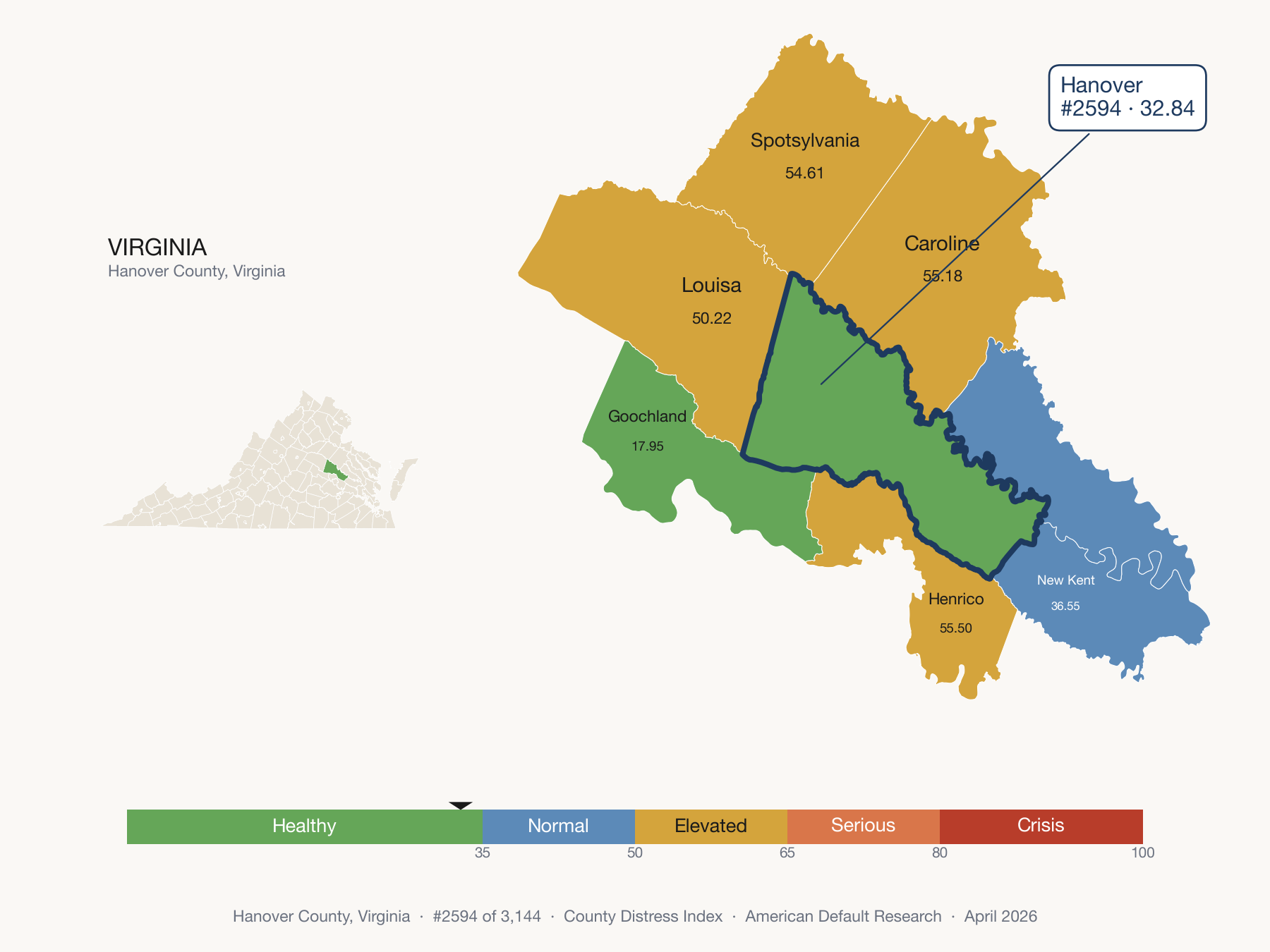 County Distress Index cluster map. Hanover County, Virginia and its neighbors colored by distress zone.