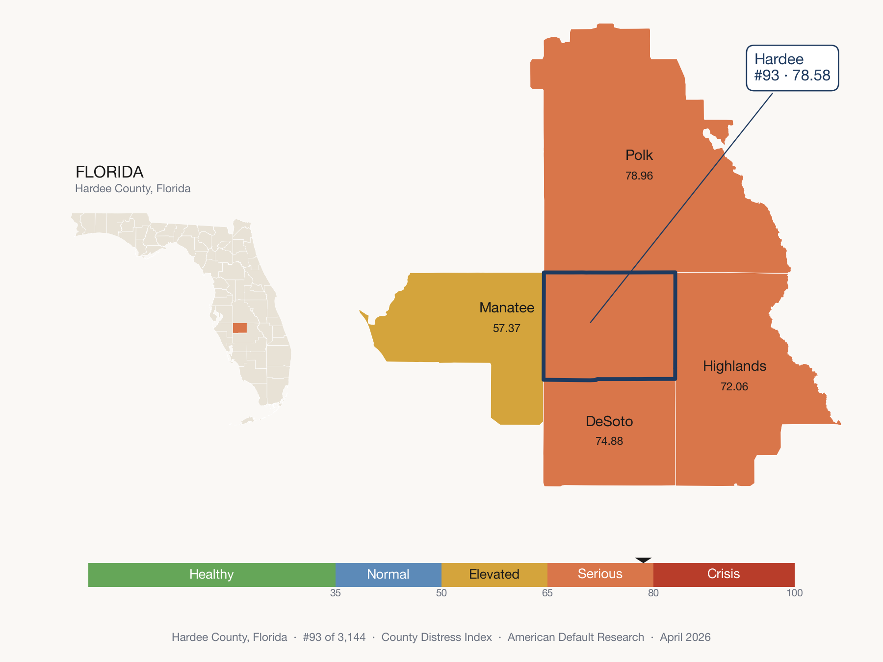 County Distress Index cluster map. Hardee County, Florida and its neighbors colored by distress zone.