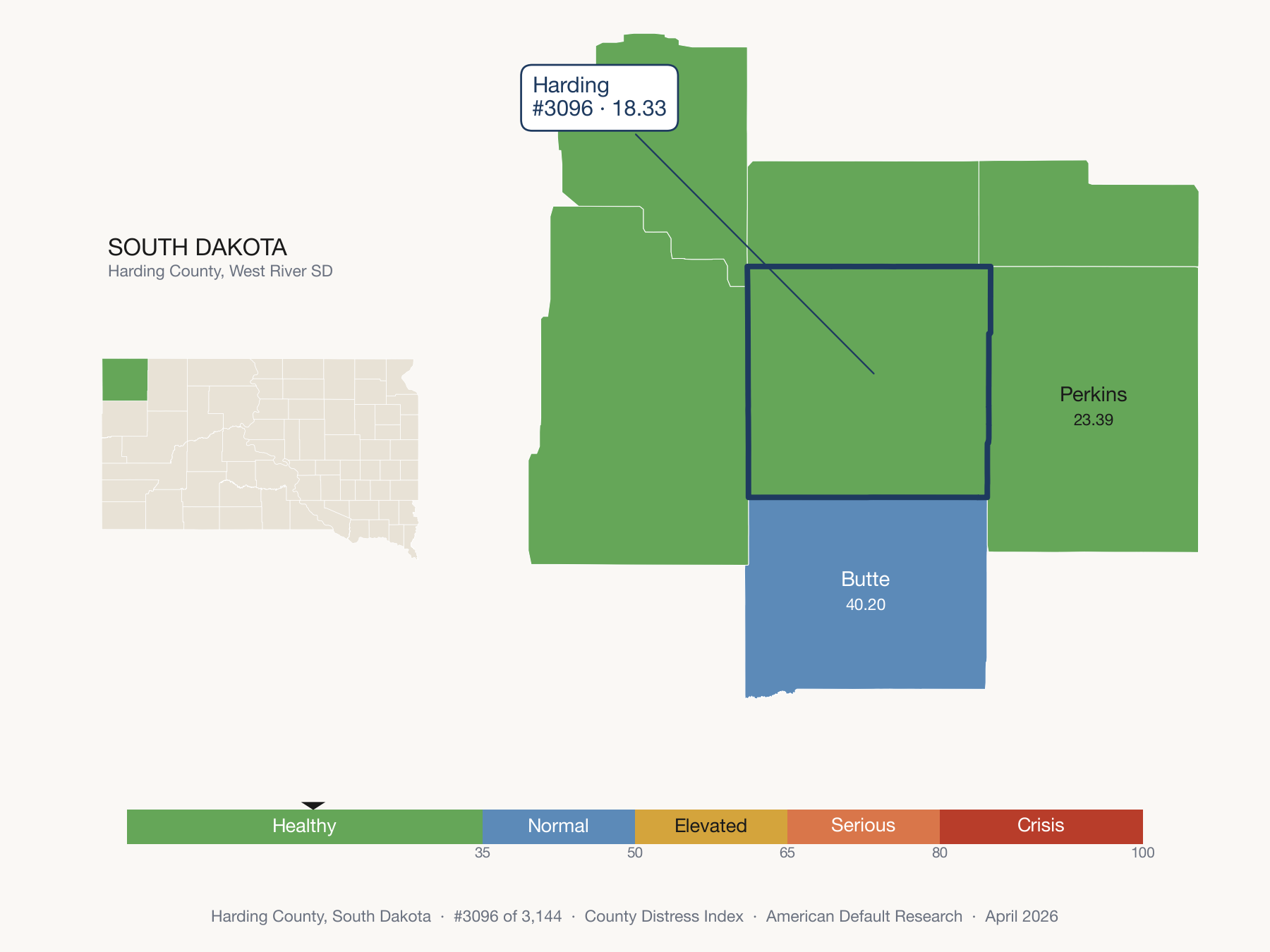 County Distress Index cluster map. Harding County, South Dakota and its neighbors colored by distress zone.