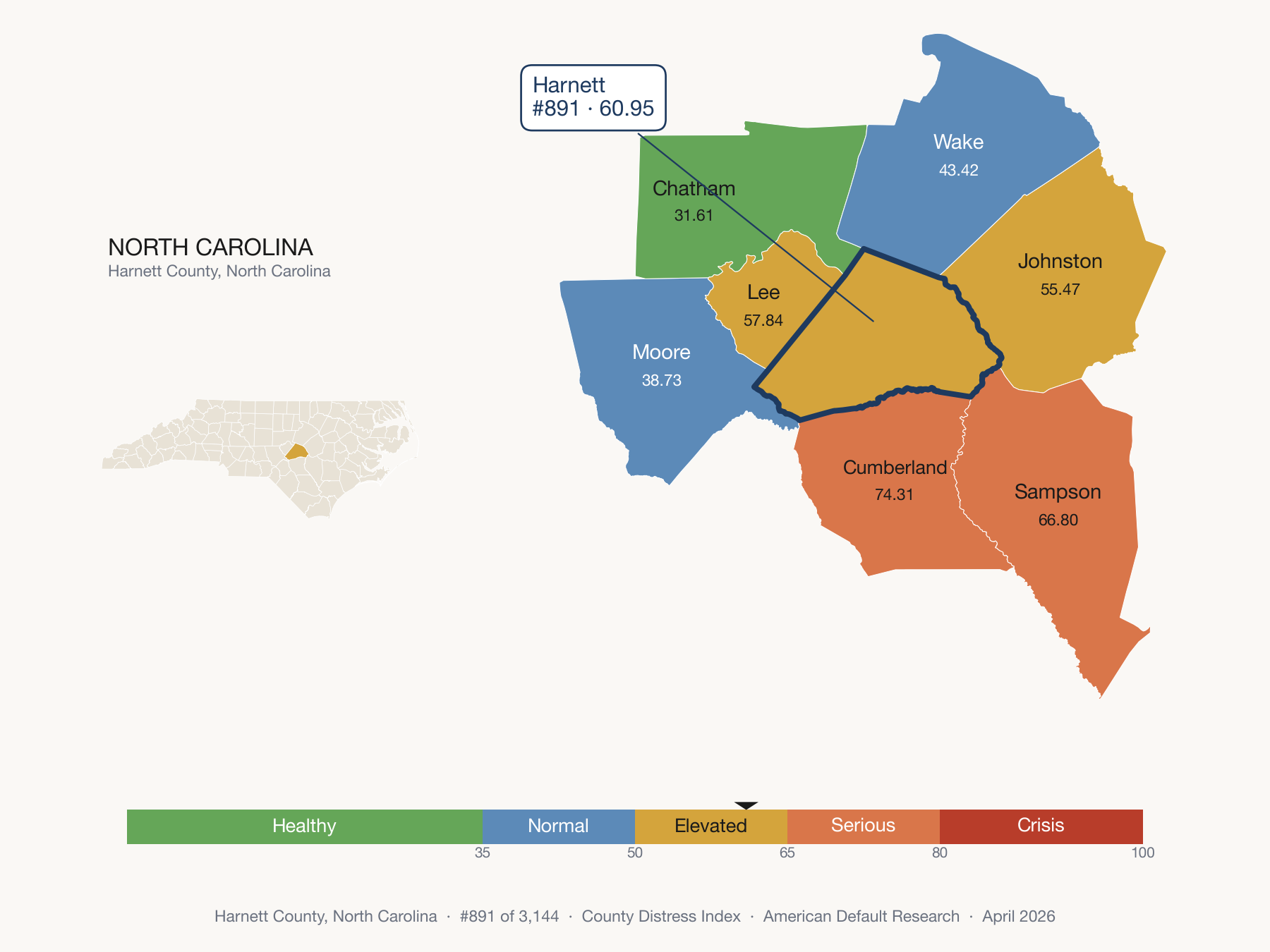 County Distress Index cluster map. Harnett County, North Carolina and its neighbors colored by distress fifth.