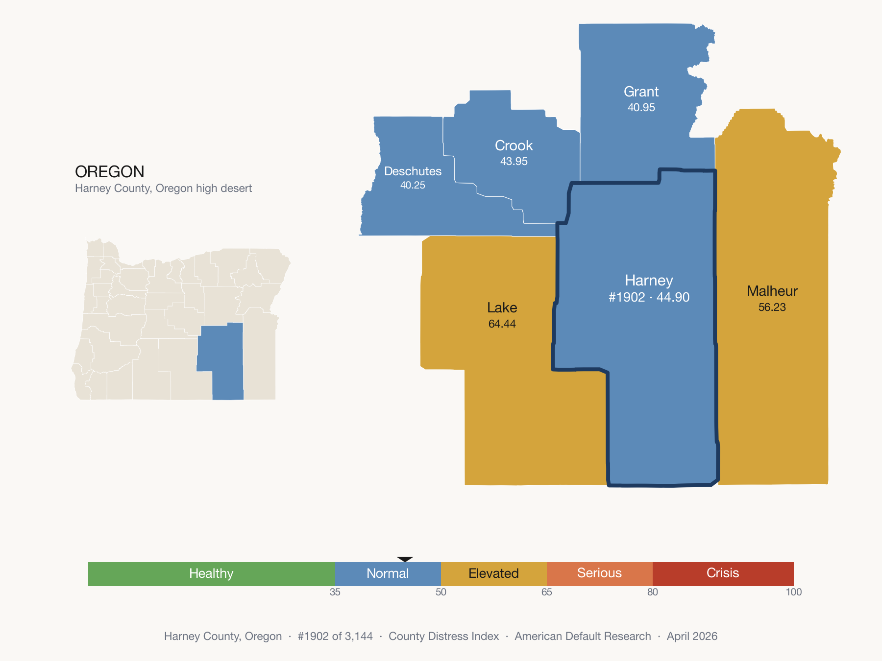 County Distress Index cluster map. Harney County, Oregon and its neighbors colored by distress fifth.