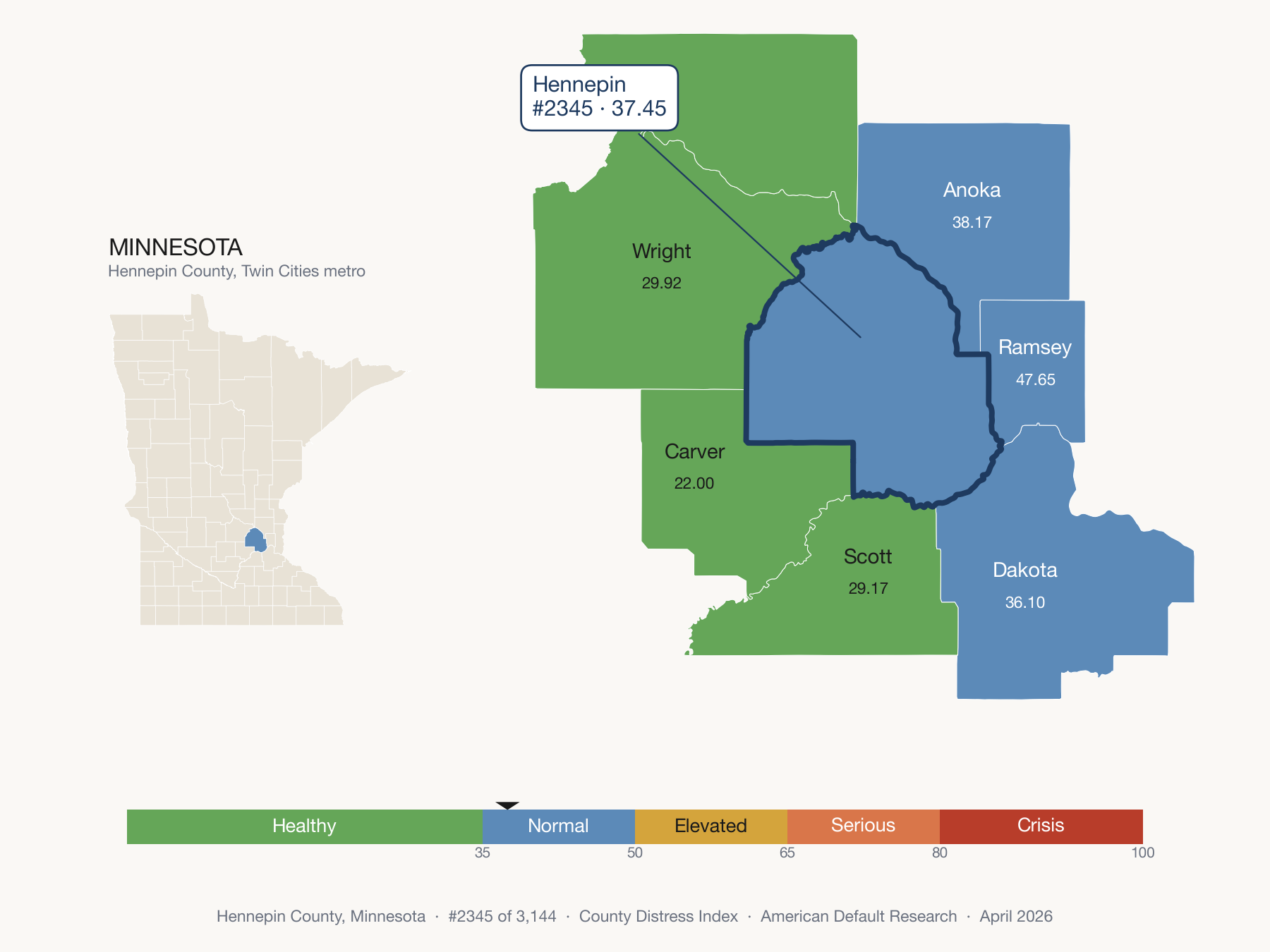 County Distress Index cluster map. Hennepin County, Minnesota and its neighbors colored by distress zone.