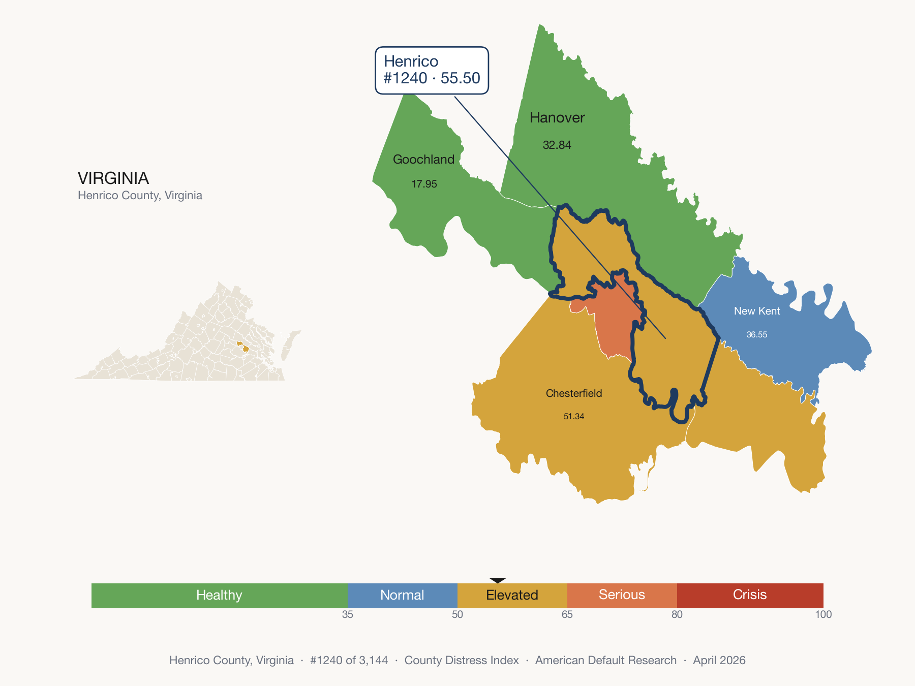 County Distress Index cluster map. Henrico County, Virginia and its neighbors colored by distress zone.